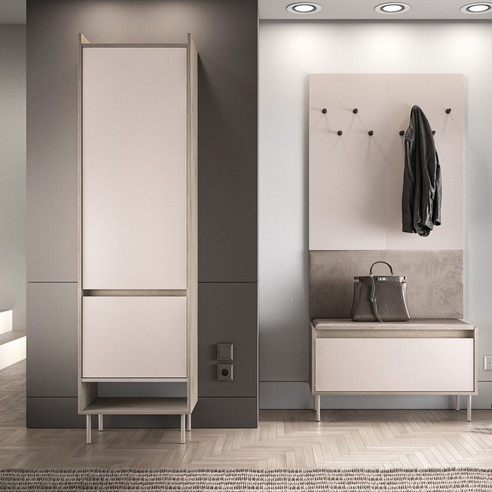 Lomadox Garderoben-Set VITTORIA-131, (Spar-Set, 3-St., Garderobenschrank Wandpaneel Schuhbank), in Kaschmir mit Eiche