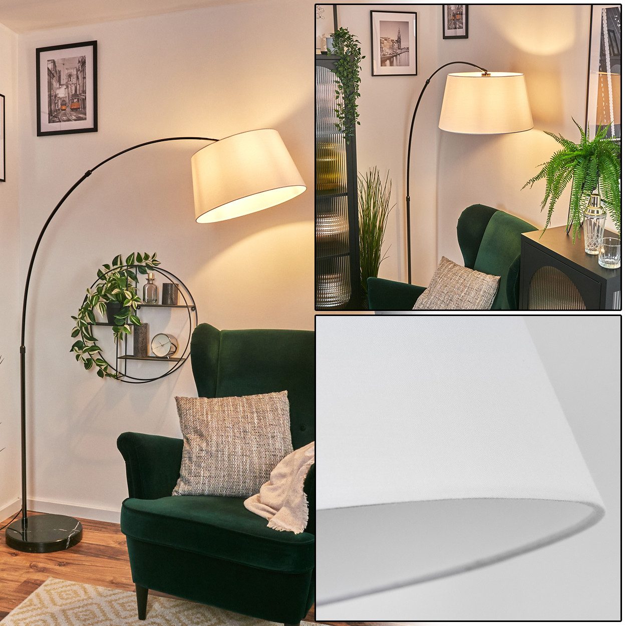 hofstein Bogenlampe Stehlampe mit Marmorfuß aus Metall/Stoff in Schwarz/Chrom/Weiß, verstellbare Stehleuchte im modernen Design, Ø 45 cm, Fußschalter, E27