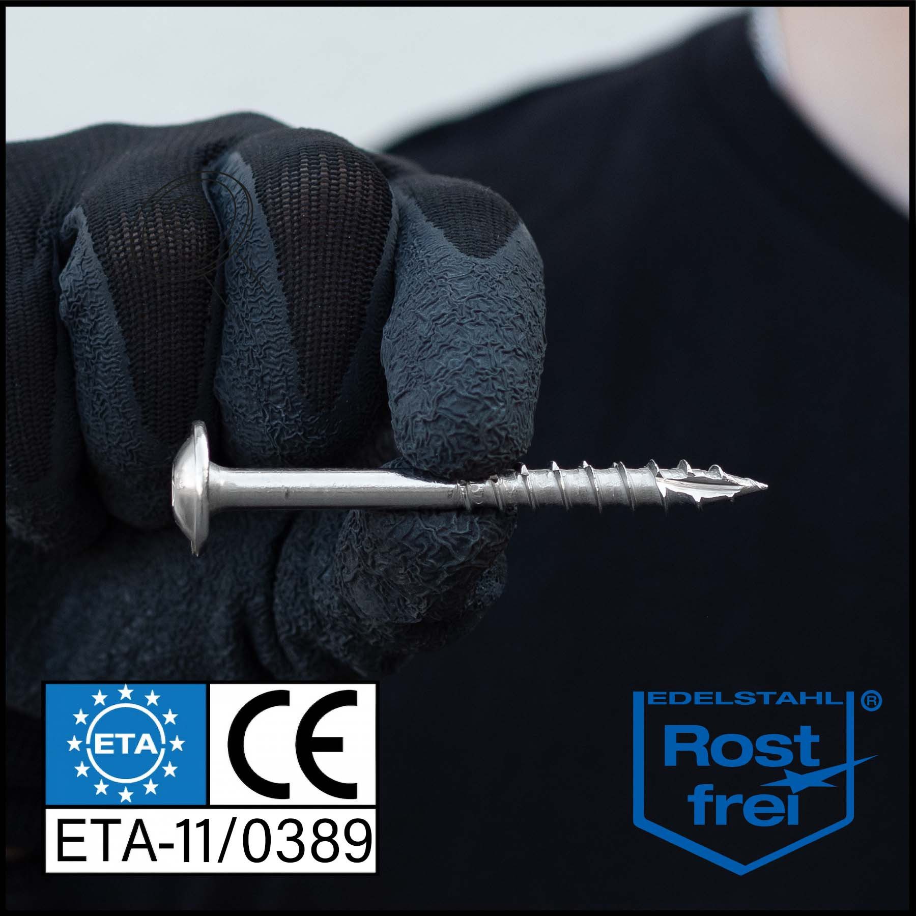 SCREWREBEL Holzbauschraube Tellerkopfschraube Edelstahl A2 mit ETA Zulassung für Solar, (100 St), für Photovoltaik Montagen, TX Antrieb, mit Cutspitze und Reibteil