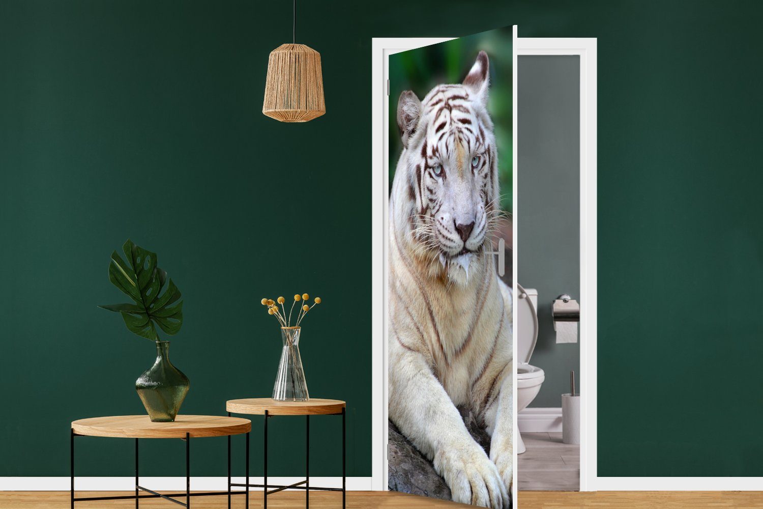 bedruckt, Tiger Wald, für Tür, Weißer - (1 Baumstamm 75x205 Türtapete - Türaufkleber, cm Matt, Fototapete St), MuchoWow