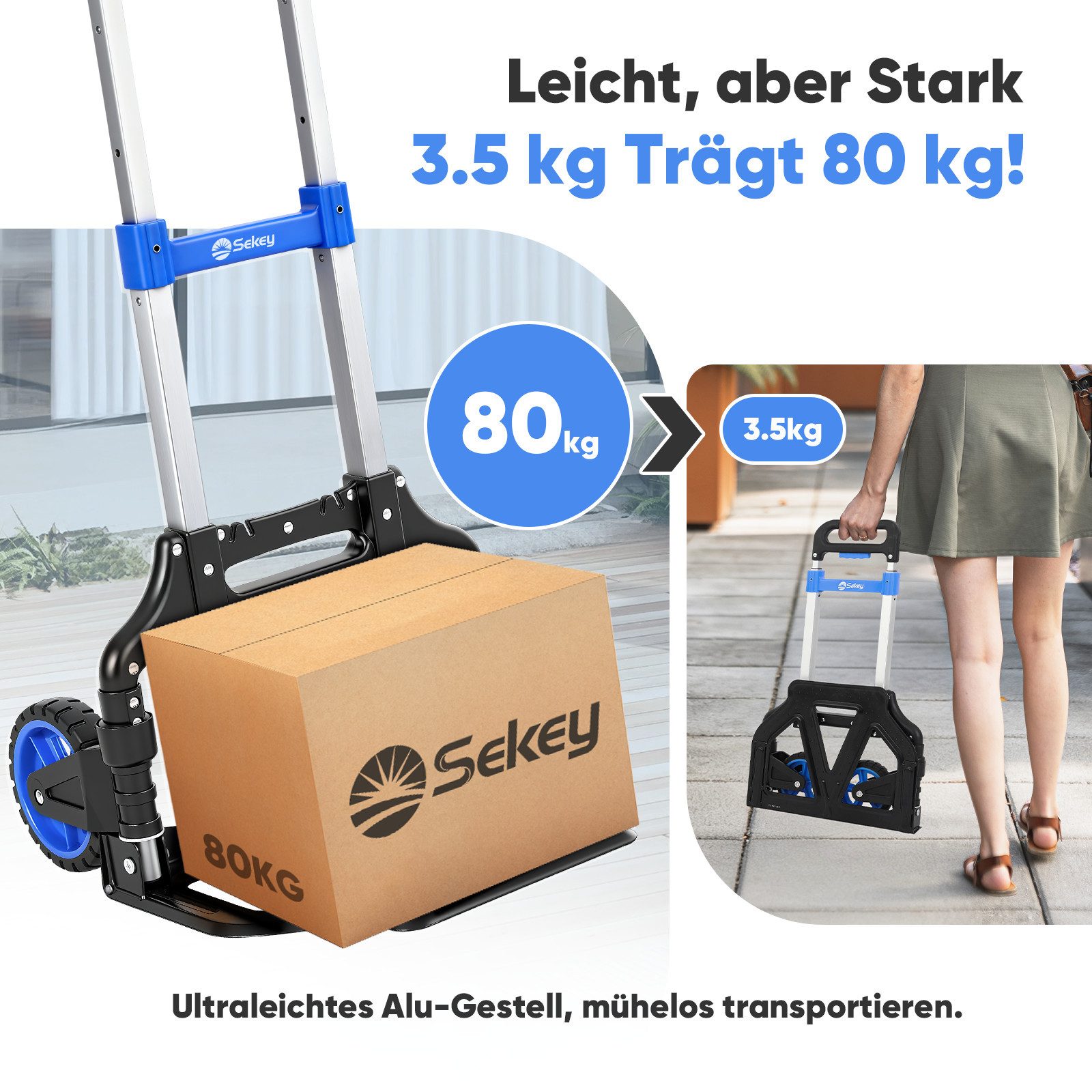 Sekey Sackkarre Alu Handwagen Transportkarre Klappbar Handkarre bis 80kg Tragfähigkeit, 3-Stufig Höhenverstellbar Klappkarre & In Sekunden Faltbar Klappwagen