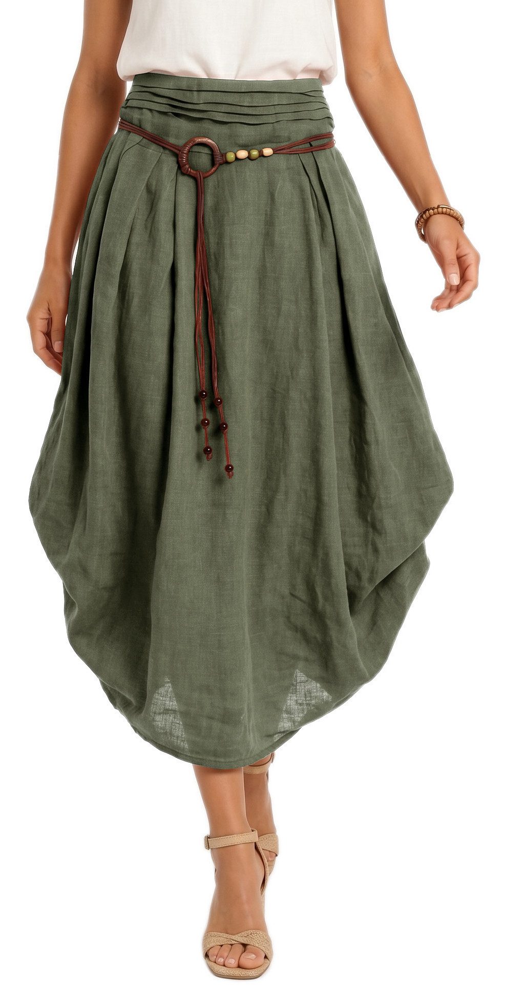dy_mode Ballonrock Damen Leinenrock Midi Ballonrock Sommerrock Midirock in Unifarbe, mit Teil-Gummibund, Variabler 2-in-1 Look