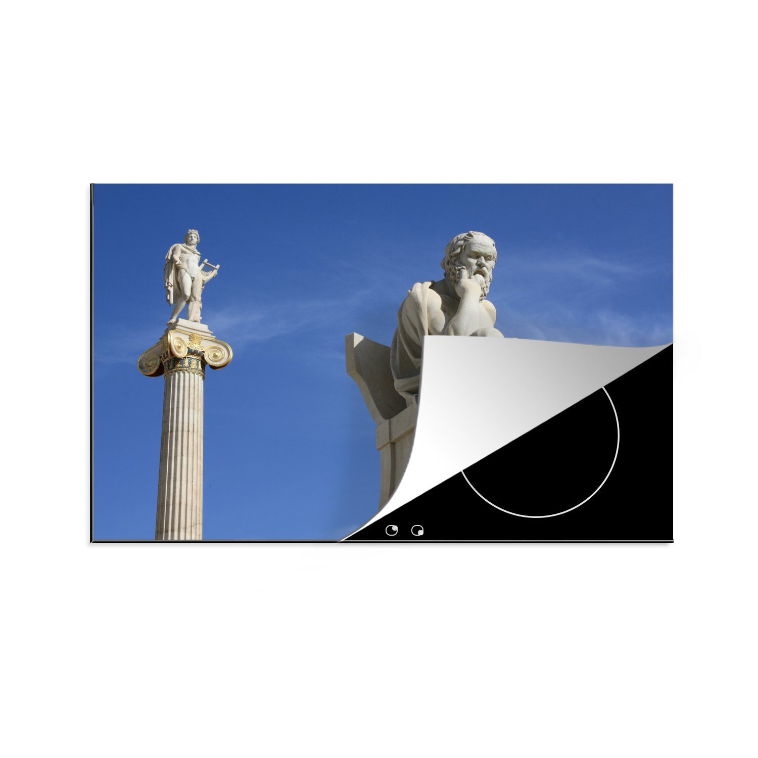 MuchoWow Herdblende-/Abdeckplatte Die Statuen von Sokrates und Apollo in Athen, Vinyl, (1 tlg), 81x52 cm, Induktionskochfeld Schutz für die küche, Ceranfeldabdeckung
