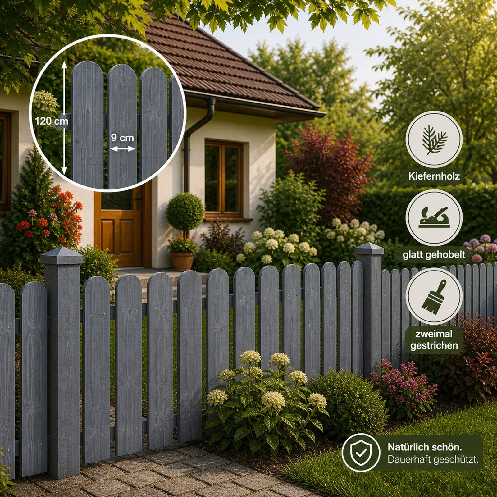 QLS Holzzaun 1 Stk. Zaunlatte 120 cm in 2 Farben, Holz Brett Kiefer Fichte Gehobelt Gartenzaun