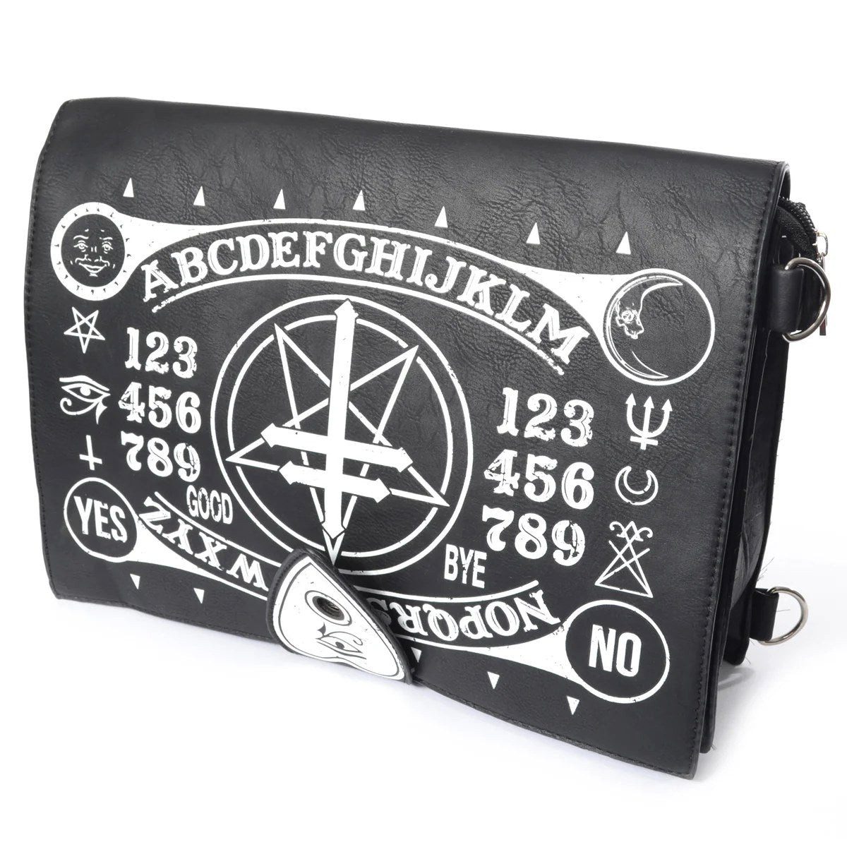 Dark-Desires Schultertasche Mystische Gothic Ouija Board Umhängetasche – Schwarz-Weiß, Gothic-Umhängetasche mit Ouija-Board-Design