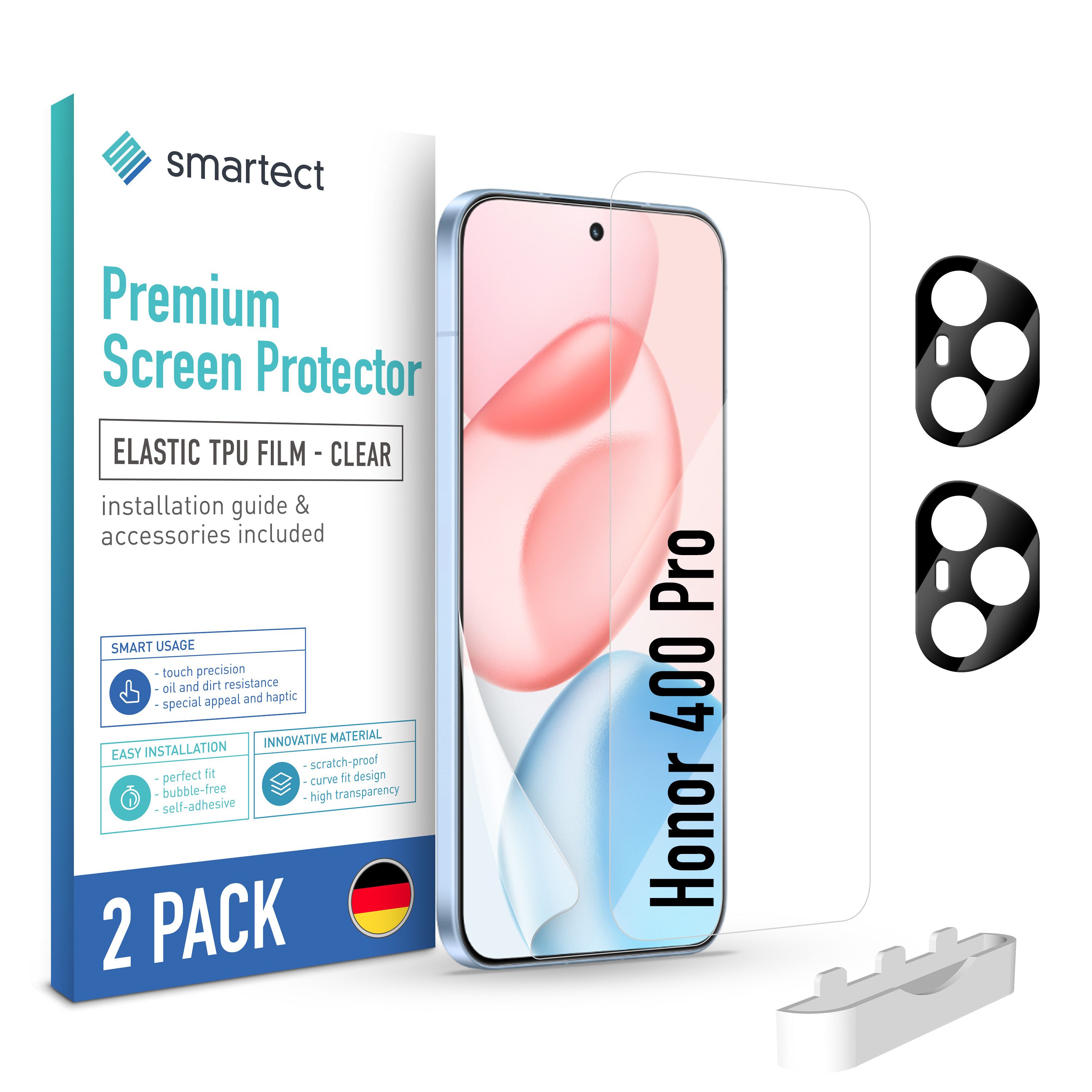 smartect Displayschutzfolie TPU Schutzfolie Klar 2 + 2 Stück für Honor 400 Pro (Display + Kamera) für Honor 400 Pro, Set, 2 Stück, Ultra-klar, Kratzfest, Blasenfrei, Oleophob, Fingerabdruck kompatibel