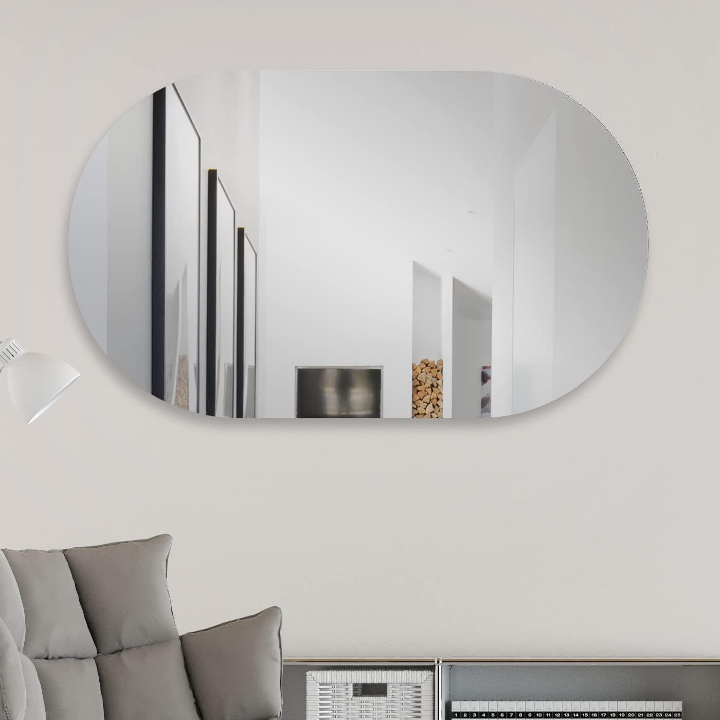 4mm QUER Wandspiegel mit Montage. Dekospiegel Flurspiegel, und (Randloser HOCH Schminkspiegel. Glass. Design Badezimmerspiegel, Kosmetikspiegel, Aluminium-Wandhalterung) HOKO Modern oval.