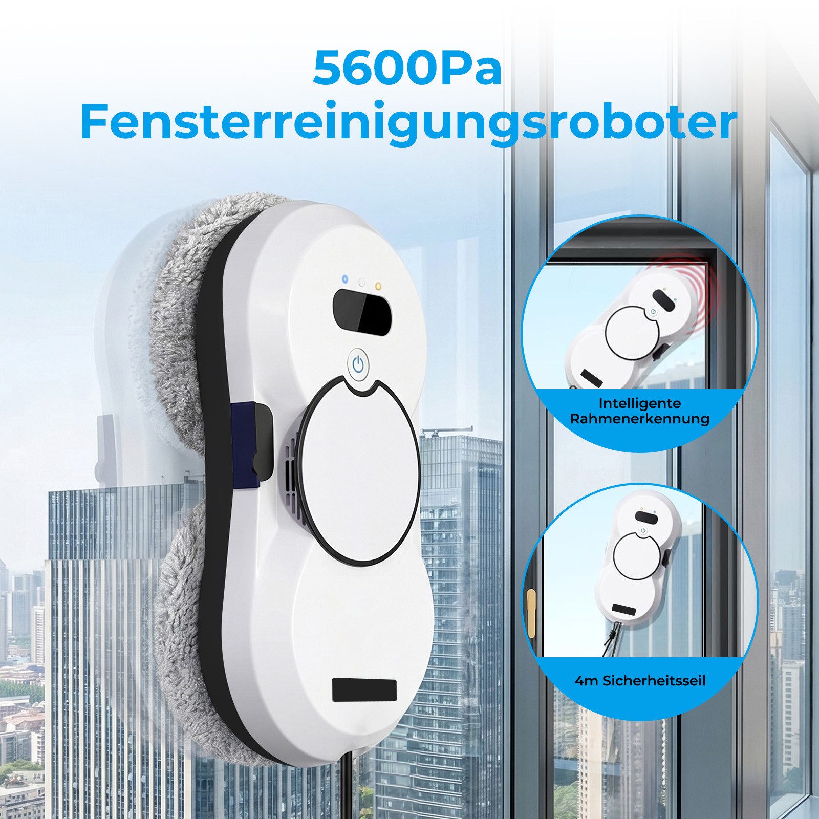 AKKEE Fensterputzroboter mit Automatischem Wasserstrahl, Fenstersauger mit Water Tank, 5600 Pa starker Saugkraft weiß