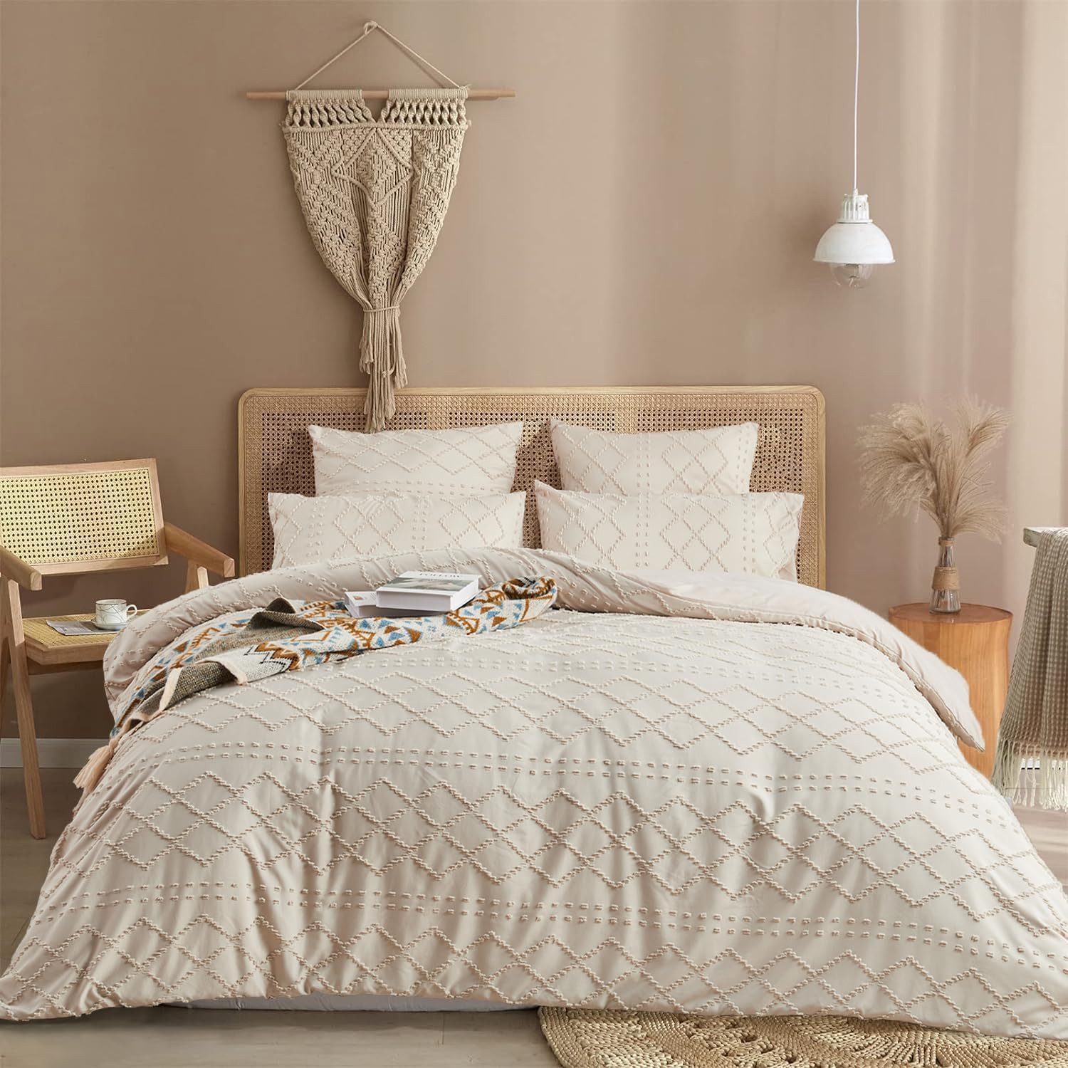 wohnTRAUM24 Bettwäsche Boho Bettwäsche Getuftet 135 x 200 Stickerei Shabby Chic Bettbezug, Microfaser Weiche Bettbezug mit Reißverschluss und Kissenbezug 80x80cm
