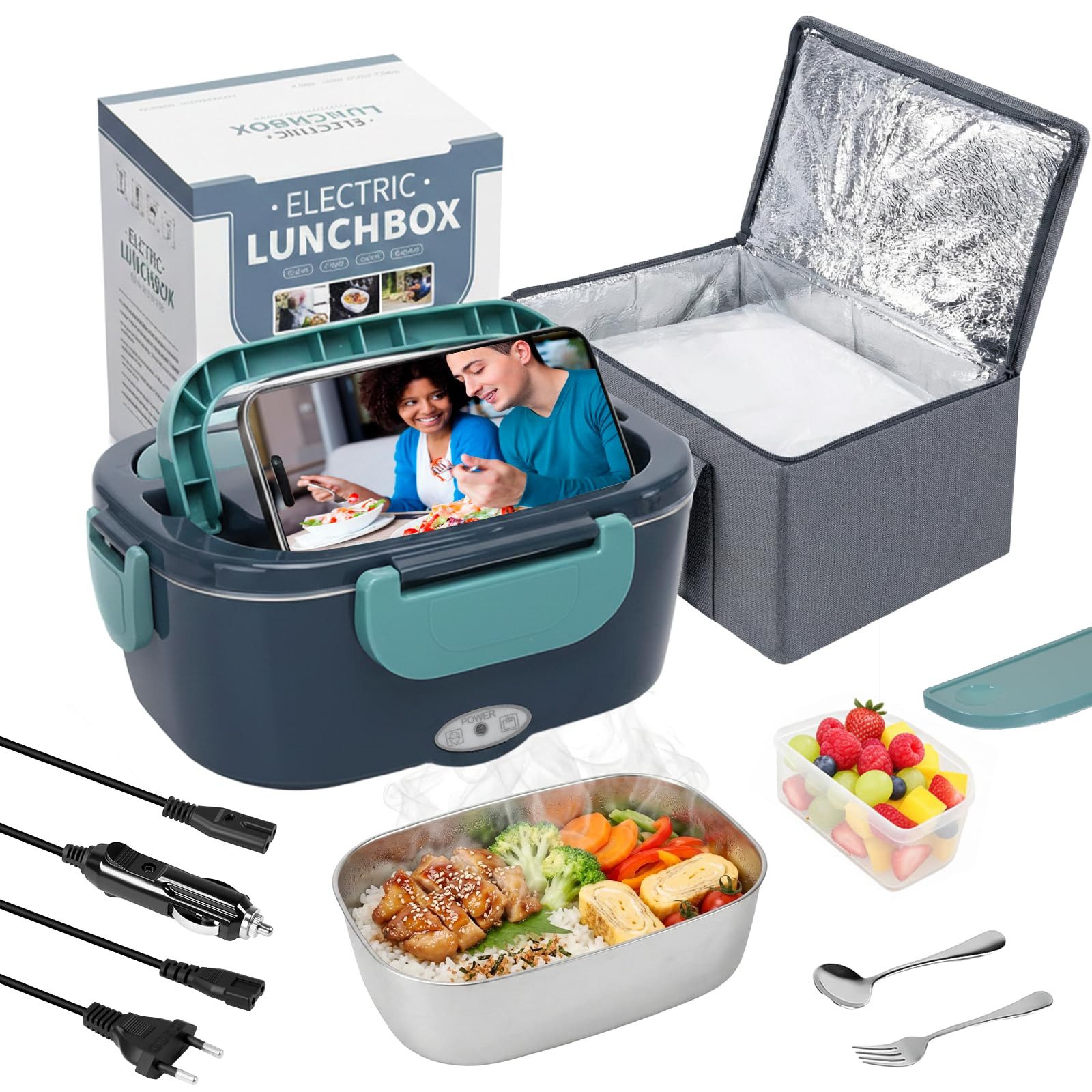 AIBISTAR Elektrische Lunchbox 3 in 1 Elektrische Lunchbox für Zuhause Auto,1,5 L Lunchbox Brotdose, Elektrische Lunchbox,Ideal für Berufstätige, Fernfahrer & Reisende