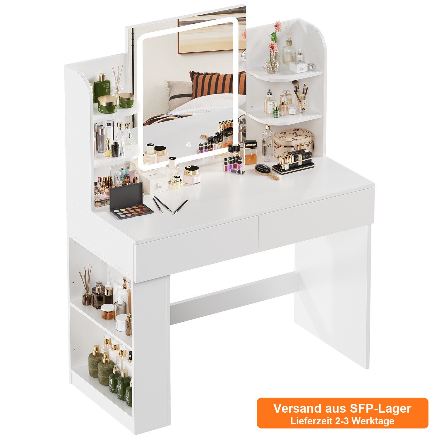 HOMALL Schminktisch mit Spiegel, LED-Beleuchtung, einstellbare Helligkeit, ostern (Langex Brete x Hthe) 90/110 x 40x 135 cm. B ofene Facher (2 seitiche Facher sind nach inks und rechts verschiebban. 2 groBe Schubladen)
