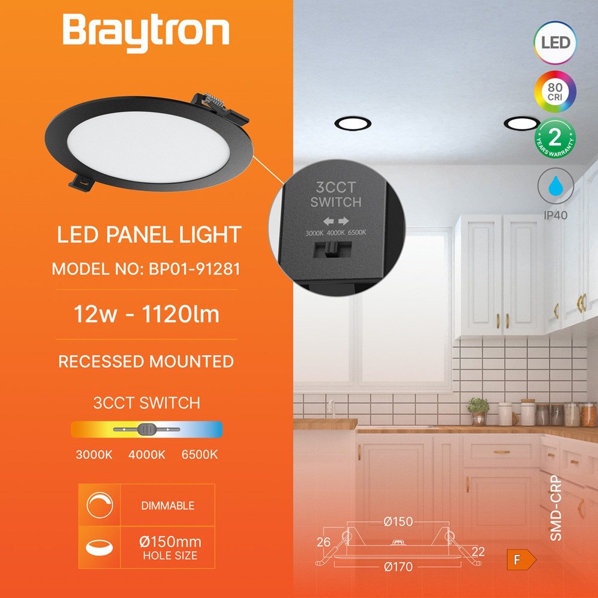 Braytron LED Einbaustrahler 12W ultraslim dimmbar Einbauspot 3in1 Farbtemperatur schaltbar 1120 lm, LED fest integriert, Neutralweiß, Kaltweiß, Warmweiß, Energieeffizient, Flimmerfrei, Dimmbar, 3CCT