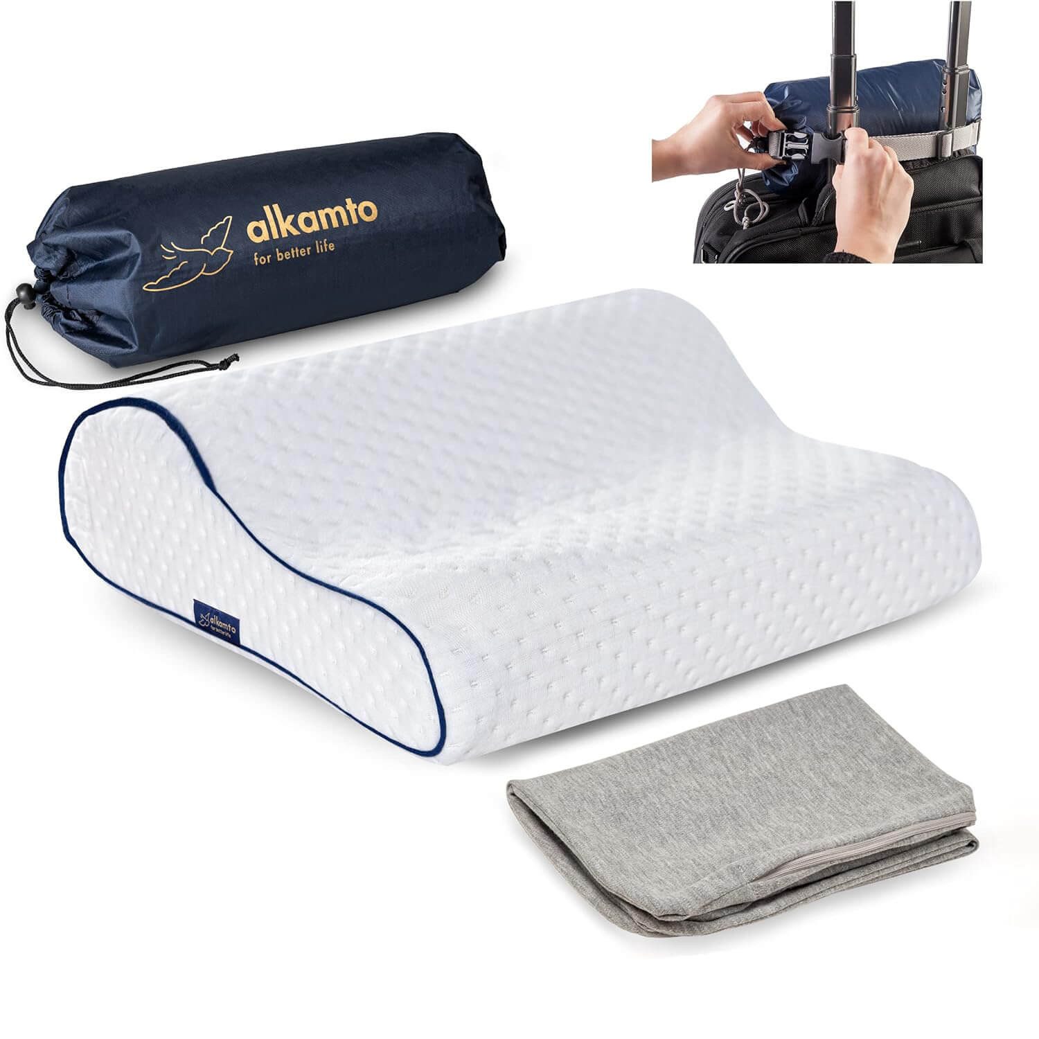 Alkamto Kopfkissen Alkamto Orthopädisches Reisekissen 35x30x10 cm, Memory Foam, Füllung: 100% Memory-Smart-Schaum, Bezug: Viskose, Seitenschläfer, Rückenschläfer, 100% Baumwolle, Äußerer Bezug: Viskose, Füllung: 100% Viscoschaum