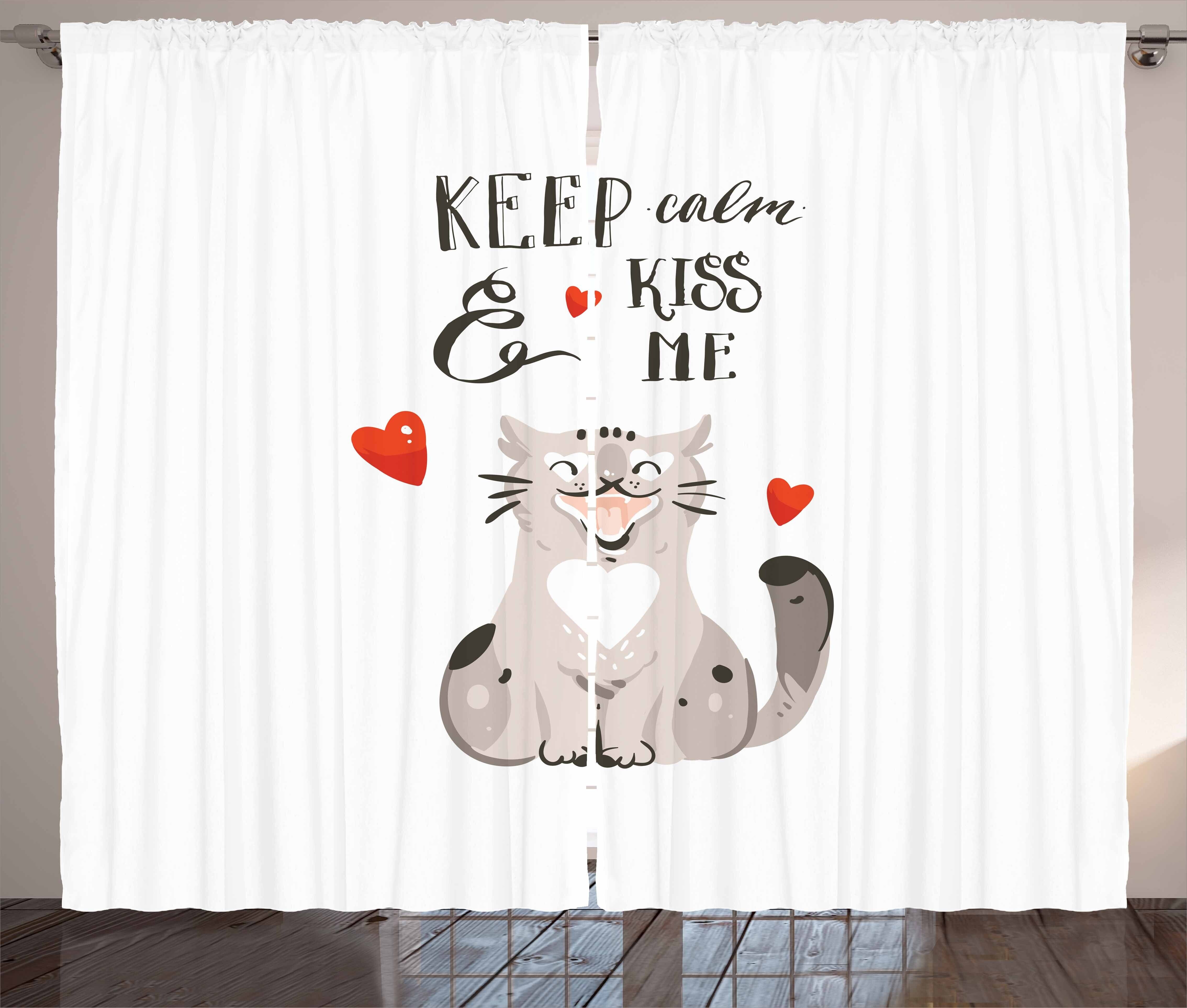 Gardine Schlafzimmer Kräuselband Vorhang mit Schlaufen und Haken, Abakuhaus, Valentinstag Cartoon-Katze | Fertiggardinen