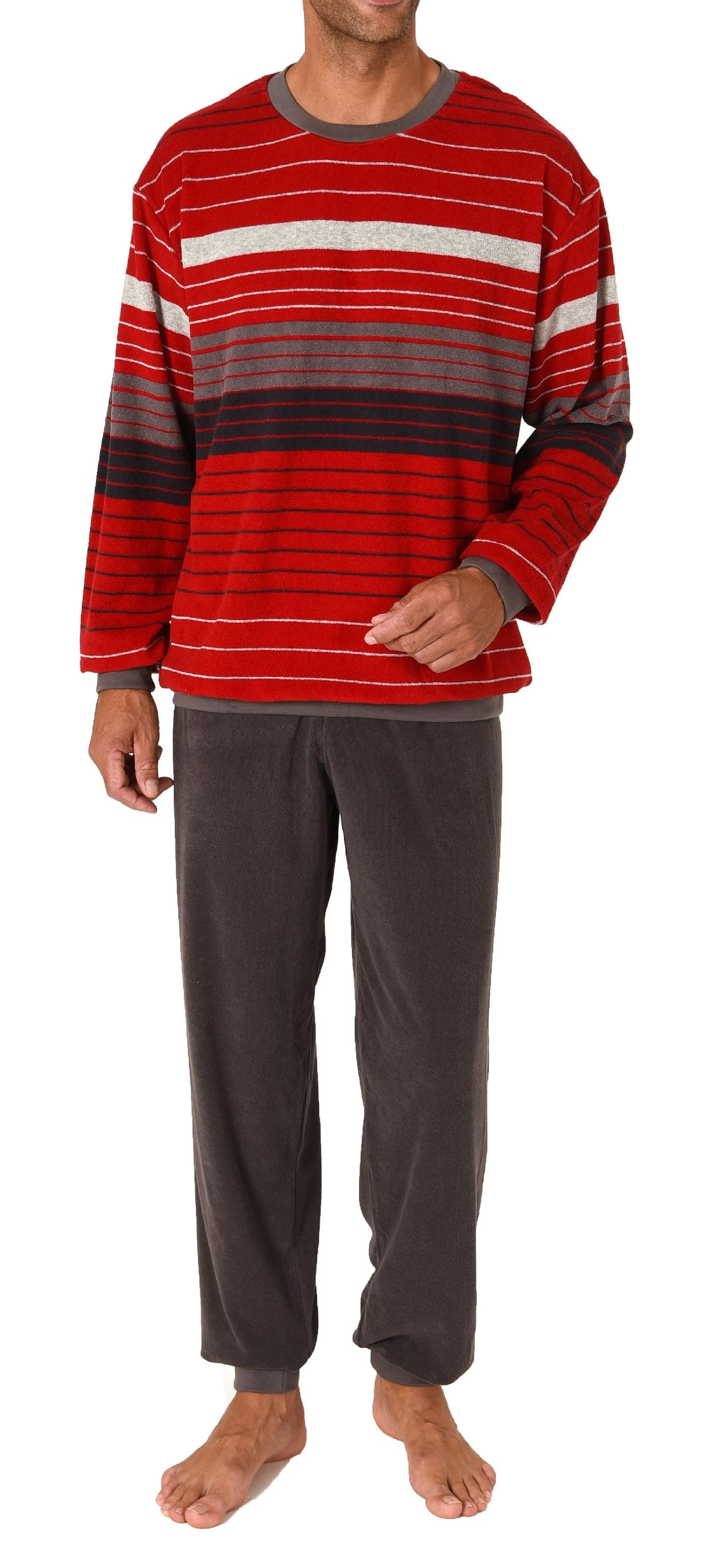 Pyjama Herren Frottee Schlafanzug langarm mit Bündchen in Streifen-Look