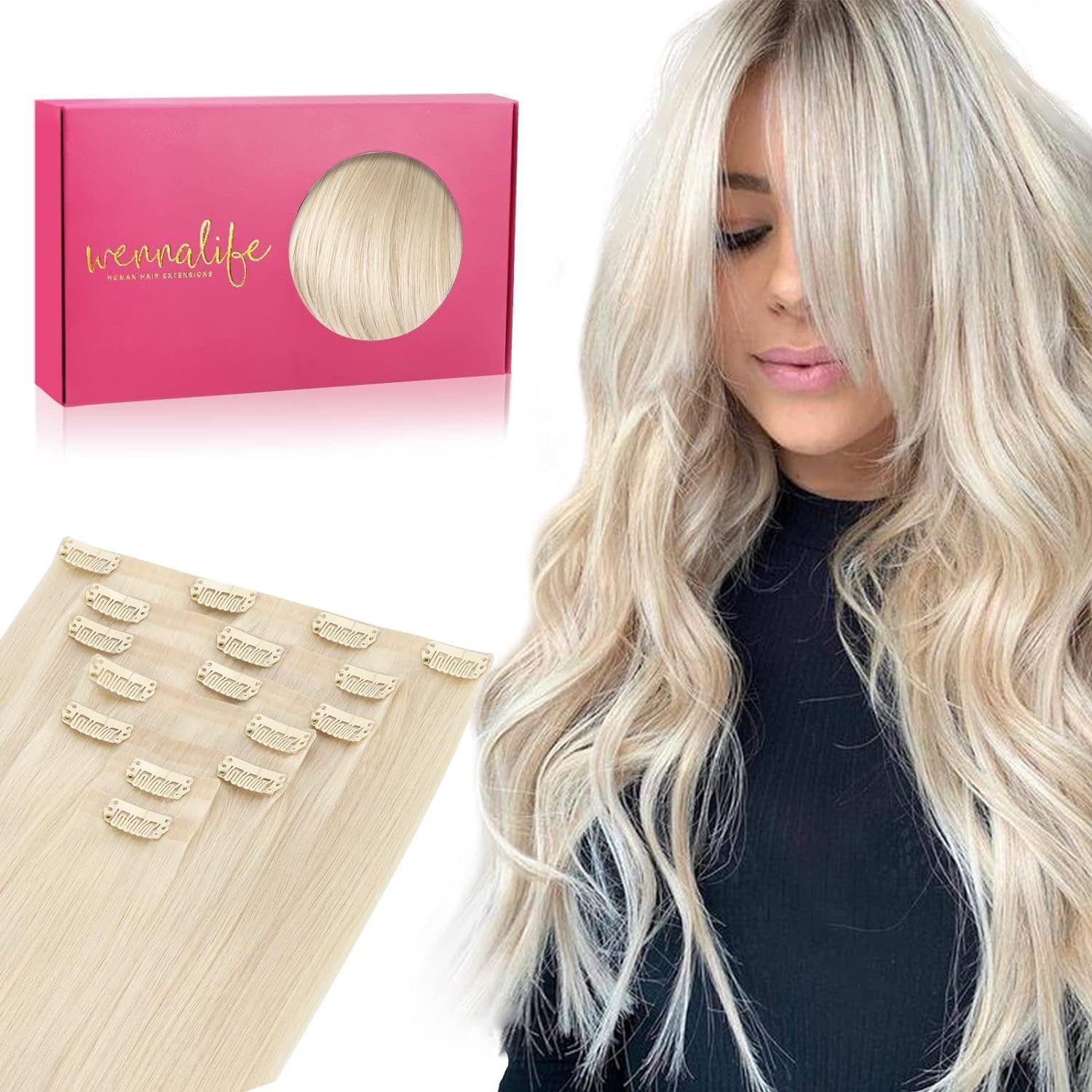 Echthaar-Extension Wennalife Nahtlose Clip-In-Haarverlängerungen,Platinblond