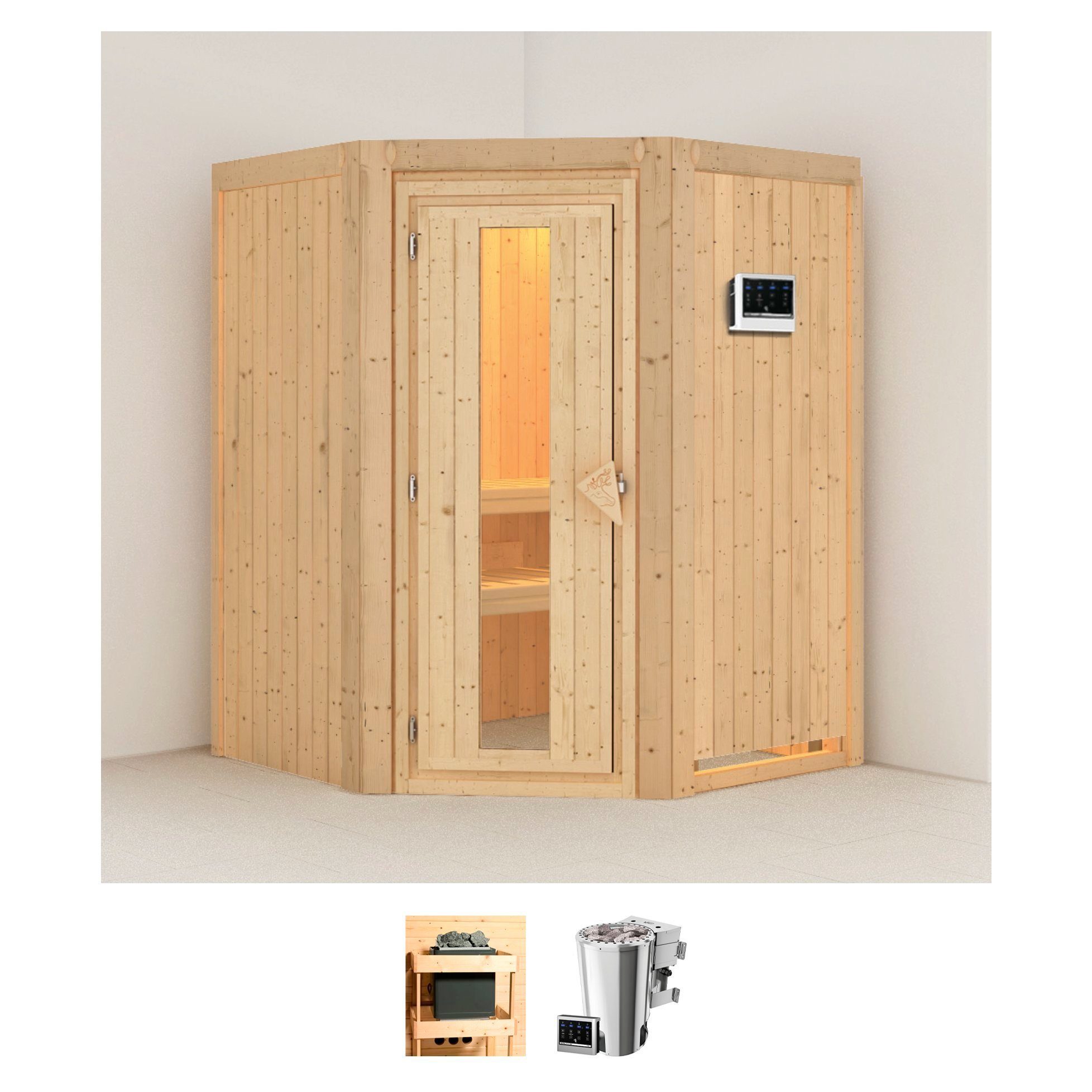 Karibu Sauna Nanna, BxTxH: 151 x 151 x 198 cm, 68 mm, (Set) Ofen 3,6 kW Bio-Ofen externe Strg. easy