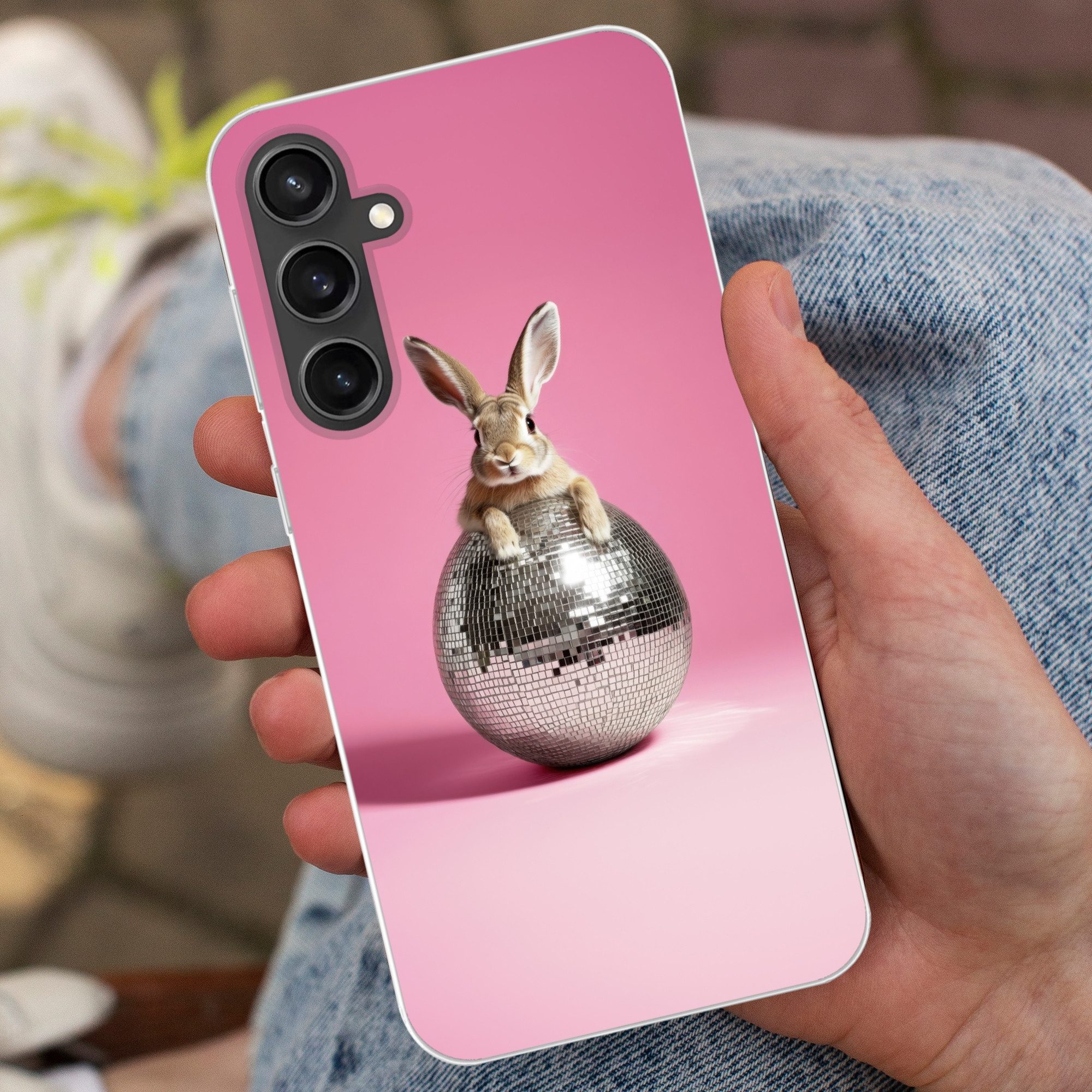 MuchoWow Handyhülle für Samsung Galaxy S23 FE Hase - Schleife -Diskokugel