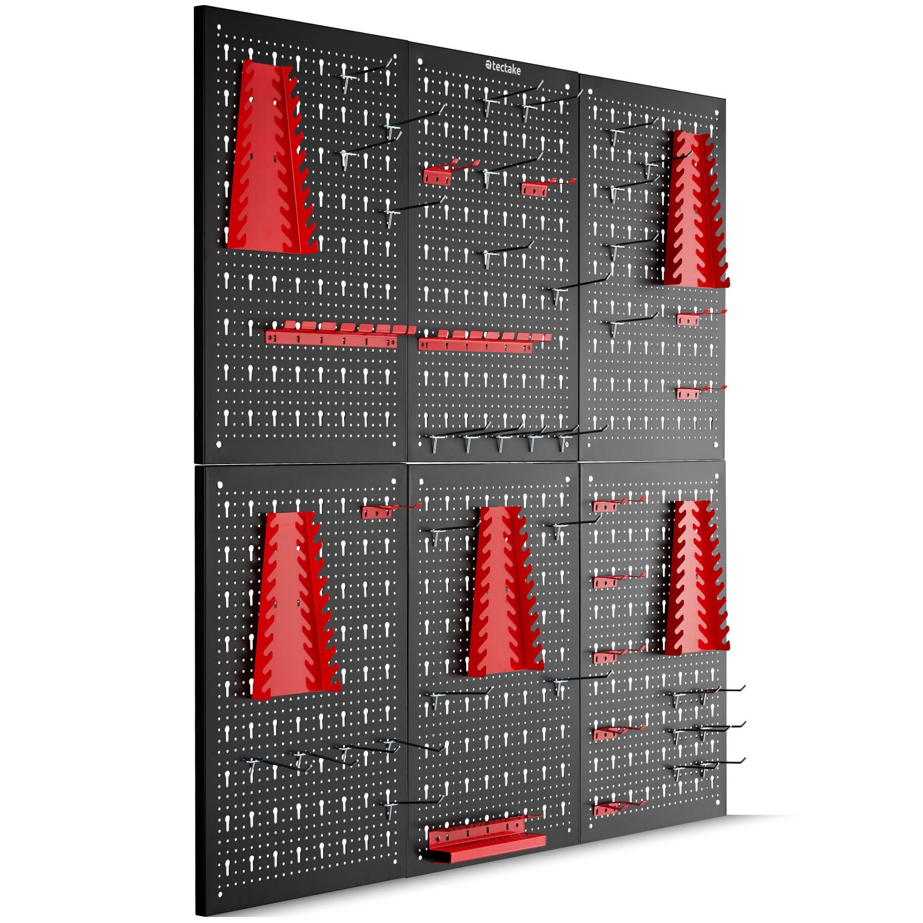 tectake Lochwand Werkzeugwand aus Metall 240x60 cm mit 53-teiligem Zubehörset, (Werkzeughalterwand Jonah, 6-tlg., in Schwarz/rot), Belastbarkeit 4 kg pro Platte, einfache Montage, lackierter Stahl