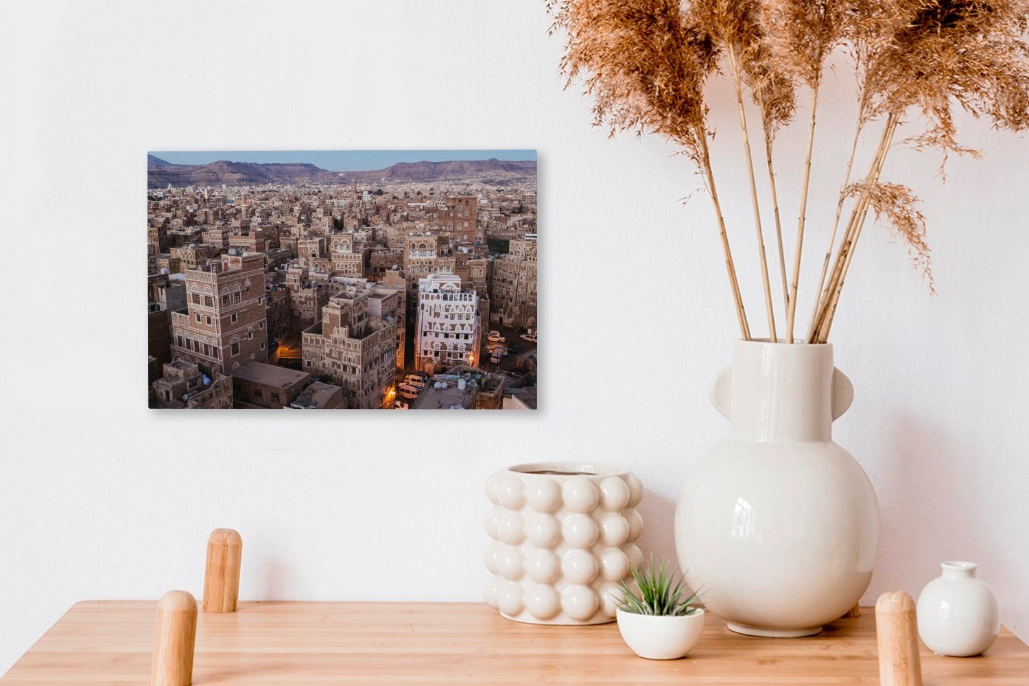 OneMillionCanvasses® Leinwandbild Sonnenaufgang über Jemen, cm Sanaa Wanddeko, dem Leinwandbilder, Wandbild Aufhängefertig, Stadtzentrum (1 St), im von 30x20
