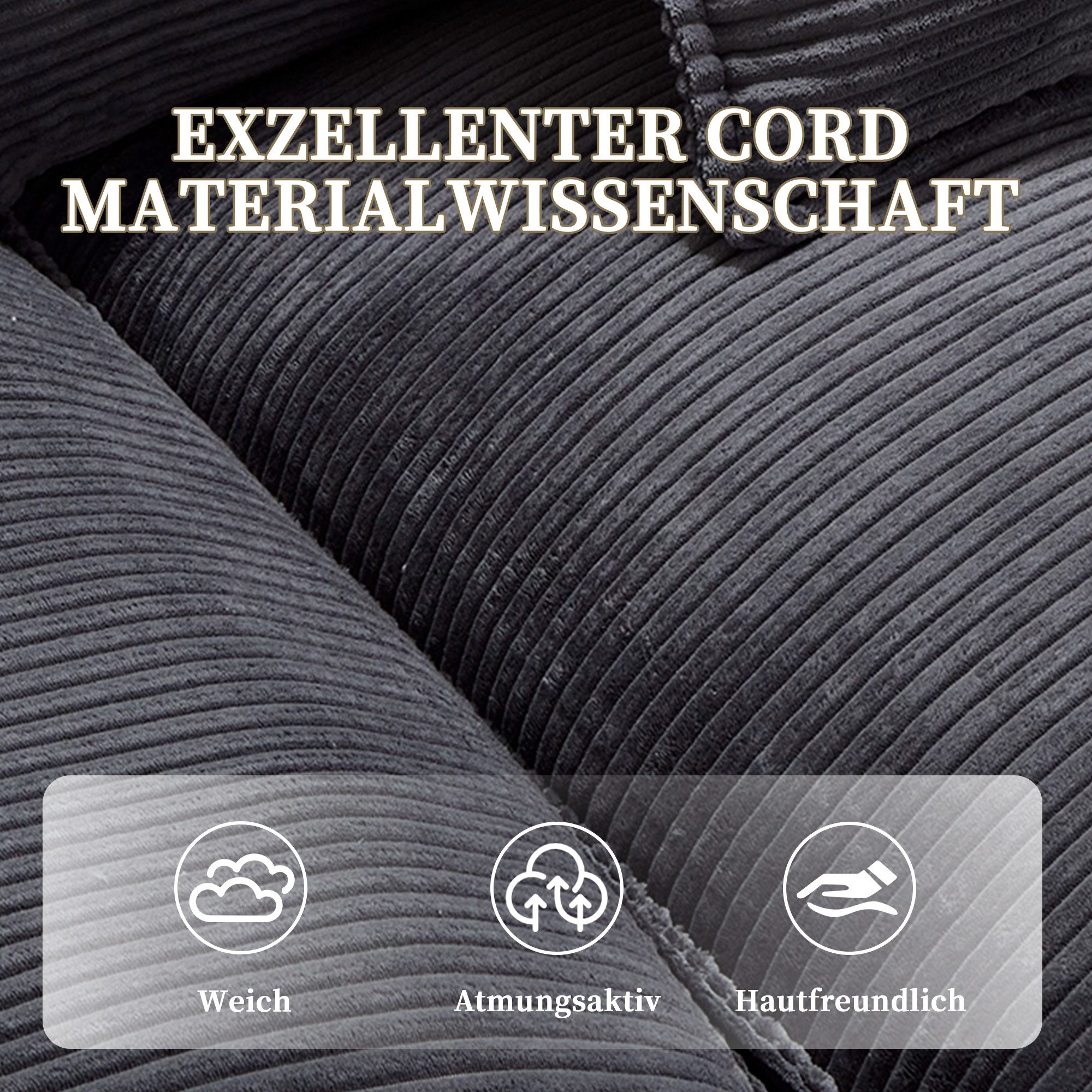 KLAM HOME Sofa 2-Sitzer Doppelsofa Loungesofa aus Cordstoff mit Relaxfunktion, Stabiler Holzrahmen, Weich, Bequem, Funktional & Platzsparend, ideal für Wohnzimmer & Schlafzimmer & Büro