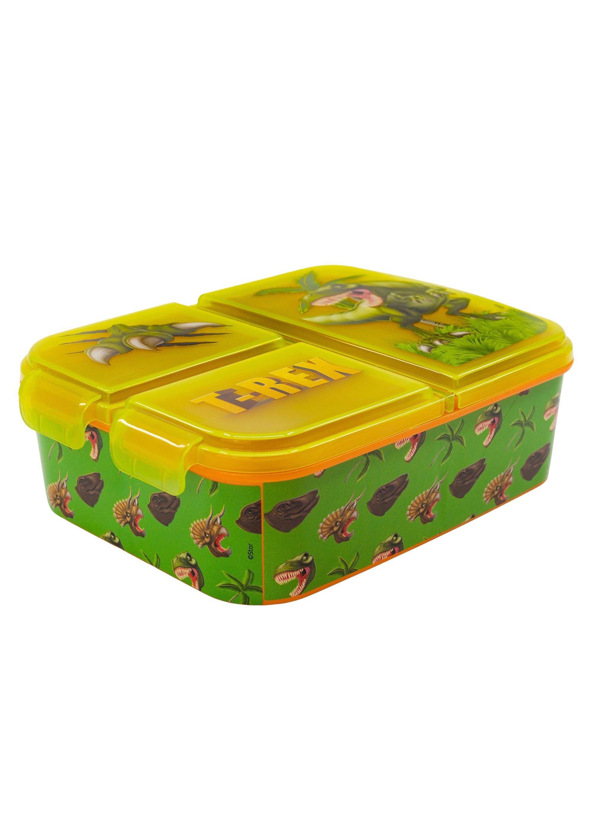 Yuhu.kids 3 BPA-frei Vesperdose Lunchbox, Kinder Brotdose mit grün Lunchbox Fächern T-Rex Dinosaurier Stor