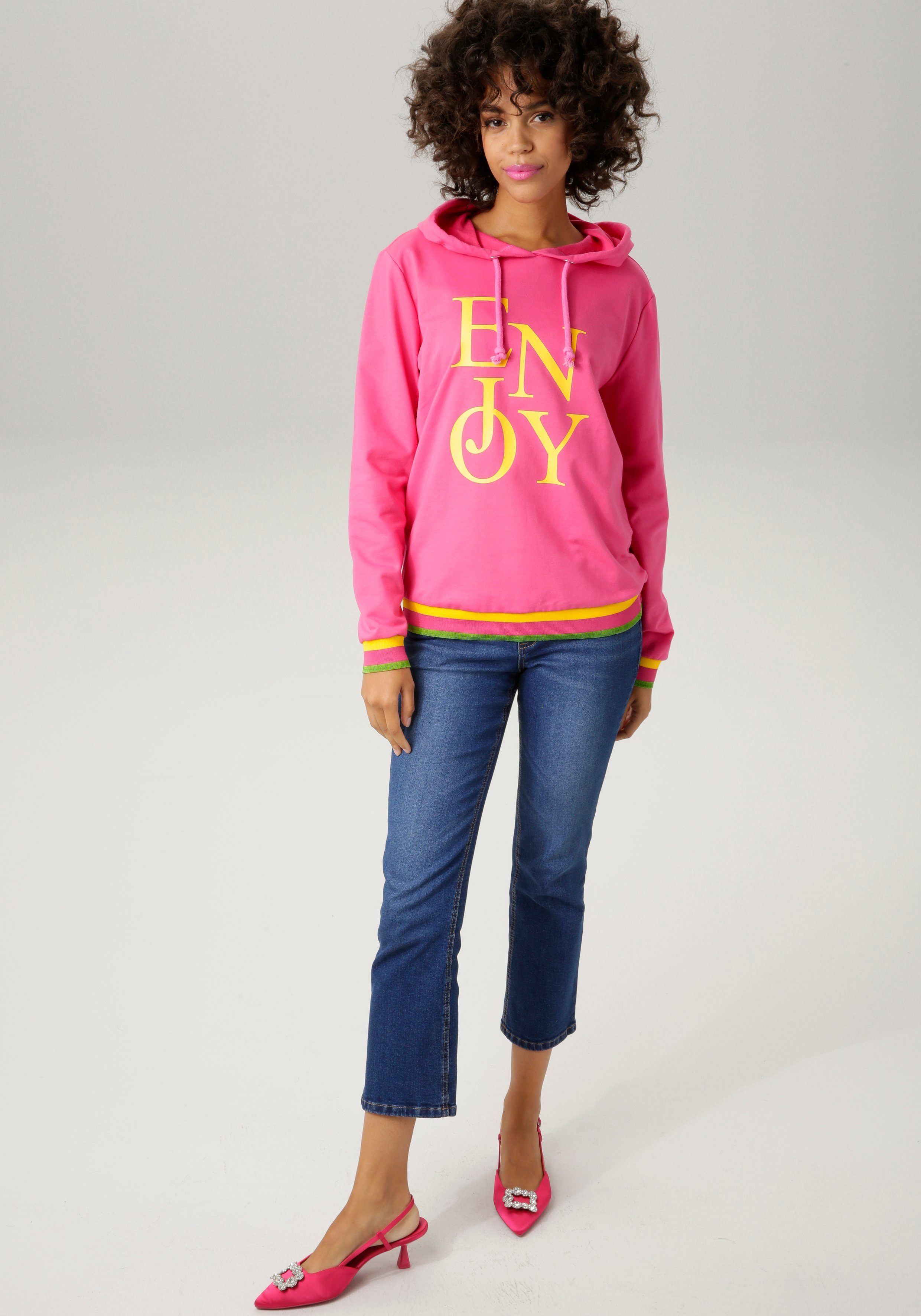 pink-gelb-moosgrün Sweatshirt mit "ENJOY"-Schriftzug Aniston CASUAL