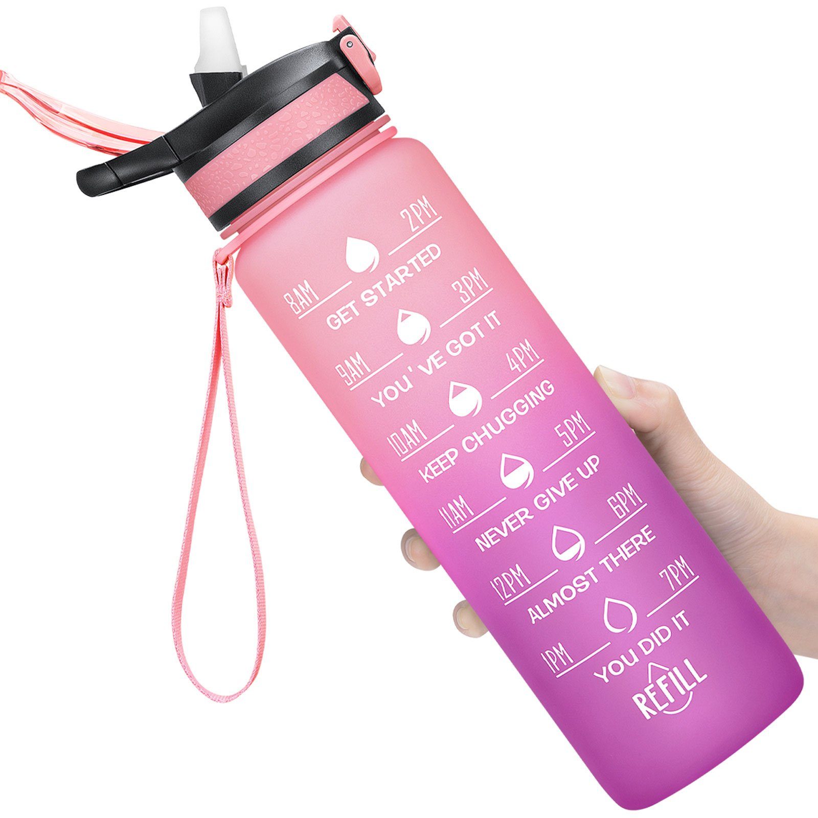 Fitness Liter Pink/Helllila Wasserflasche Fahrrad BPA-Frei Camping Trinkflasche 1 Sport Outdoor 1L, Auslaufsicher Sportflasche Zeitmarkierung und REDOM Wandern Strohhalm