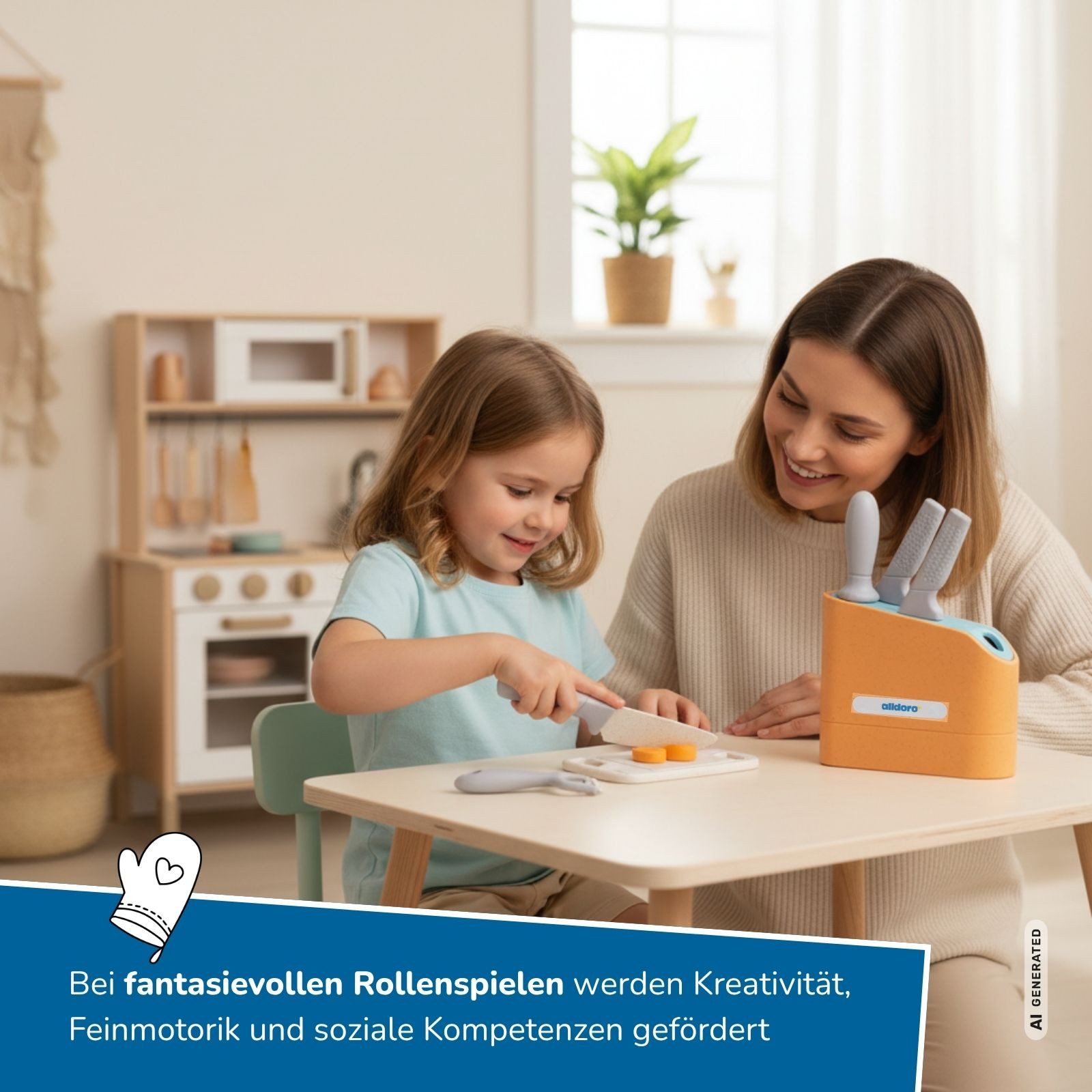 alldoro Spiel-Kochgeschirr Messerblock, 7-teiliges Set für die Kinderküche, ab 3 Jahren, Spielküchen Zubehör mit Messern, Sparschäler und Schneidebrett