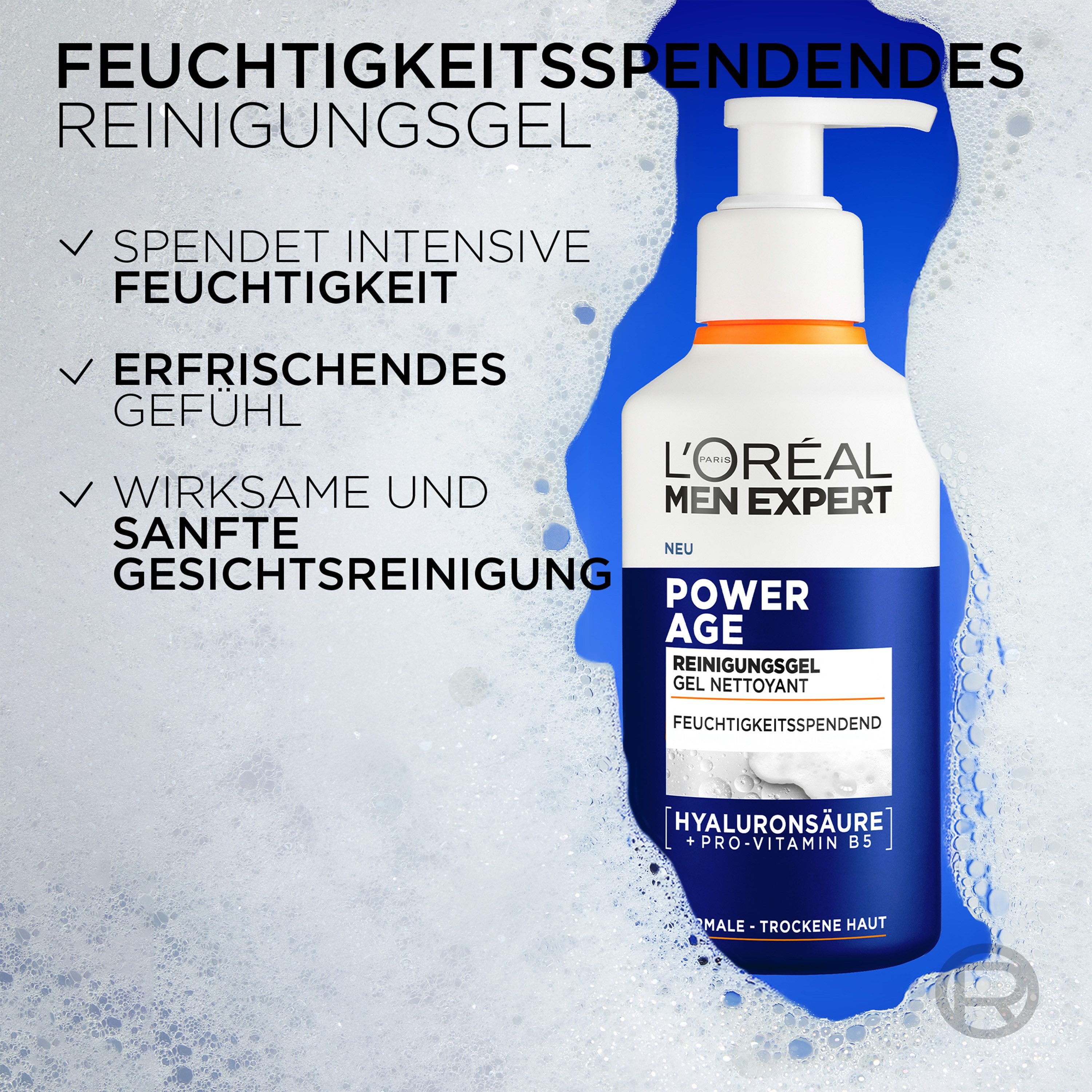 L'ORÉAL PARIS MEN EXPERT Gesichts-Reinigungscreme POWER AGE FEUCHTIGKEITSSPENDENDES REINIGUNGSGEL, mit hydratisierender Hyaluronsäure und nährendem Vitamin B5