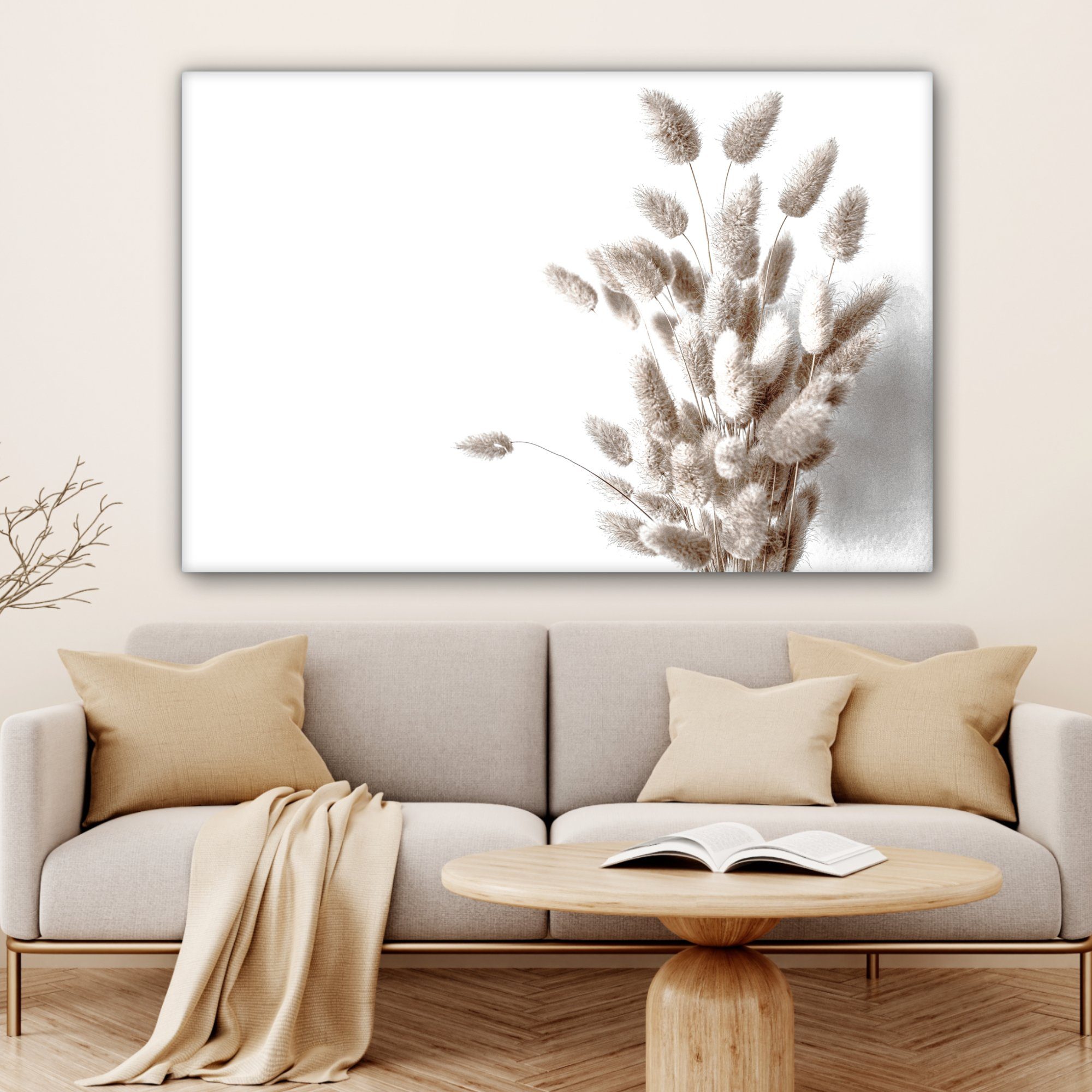 OneMillionCanvasses® Leinwandbild (1 - großes, Gemälde, Weiß, 120x80 für Wandbild Pflanzen XXL, cm St), alle Federn - Wohnbereiche