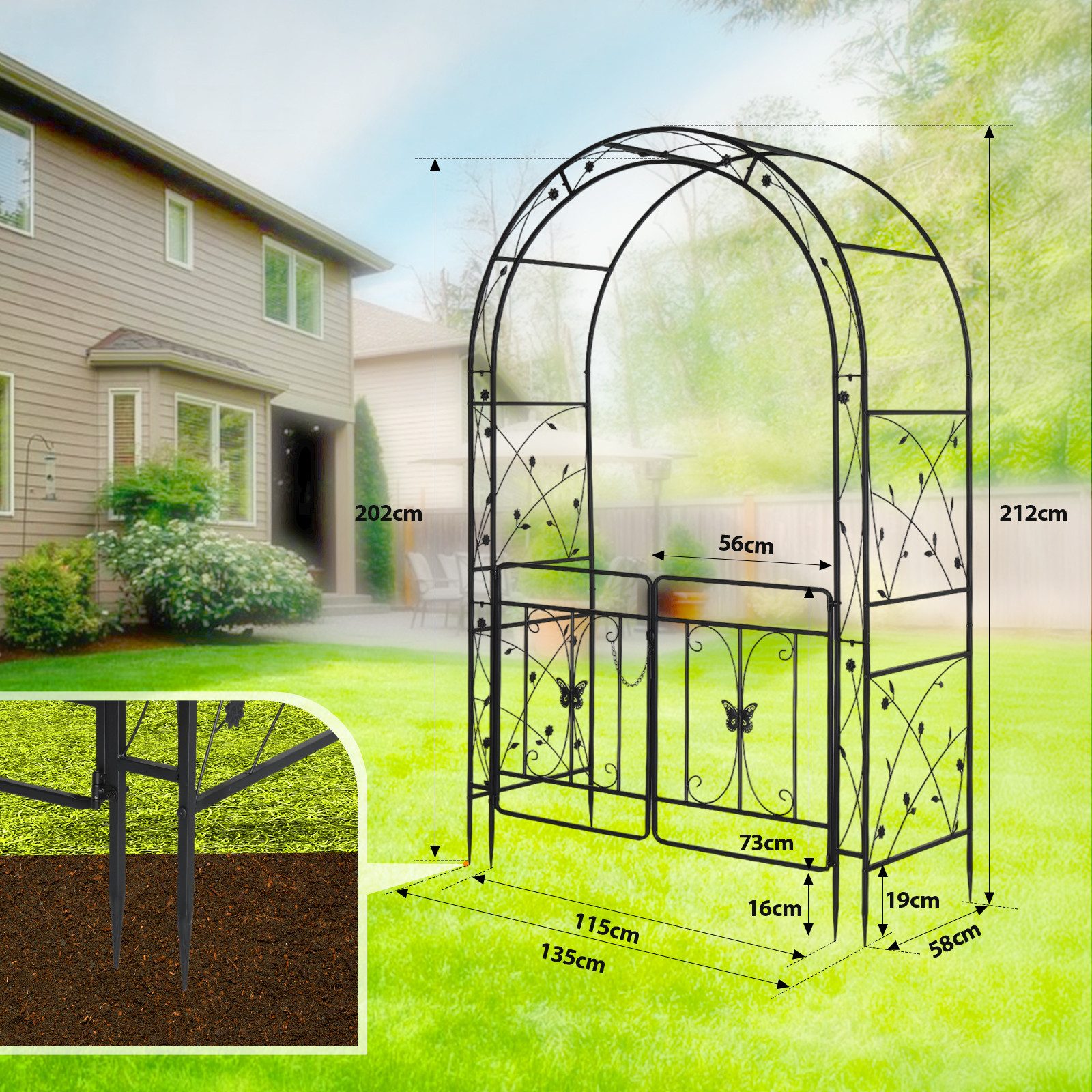LALAHO Rosenbogen Gartenbogen aus Eisen mit Tür 134 X 58 x213cm, Gartenlaube, Hochzeitsbogen, Stabiler Rankbogen für Kletterpflanzen – Bild 2 von 5