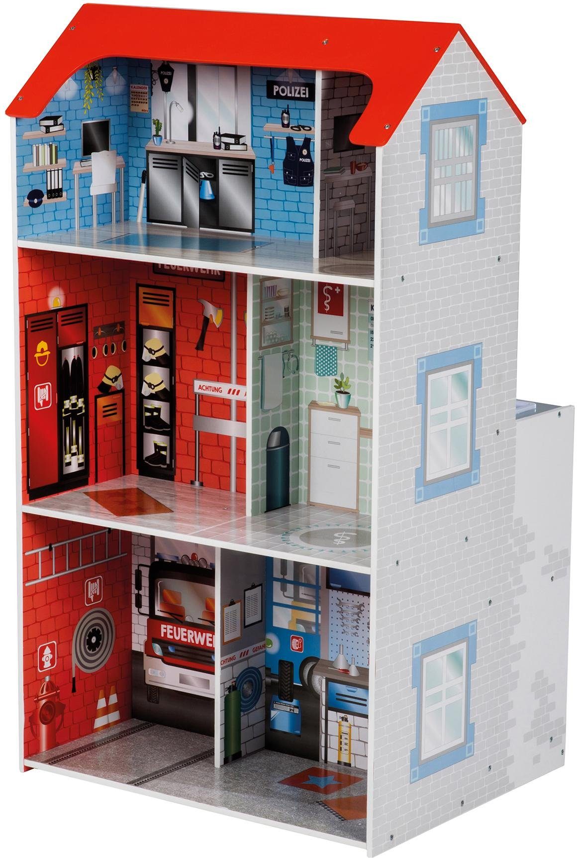 roba® Spielküche 2-in-1, Feuerwehr Holz, mit mehrstöckigem Puppenhaus