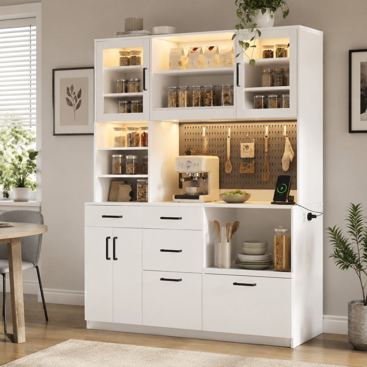 BlingBin Küchenbuffet Küchenschrank Buffetschrank Sideboard mit Arbeitsplatte und Lochplatte (3 Packung, 1-St., mit 5 Schubladen, verstellbare Einlegeböden) Küchenmöbel mit Steckdose und LED-Beleuchtung, 185×145×40 cm