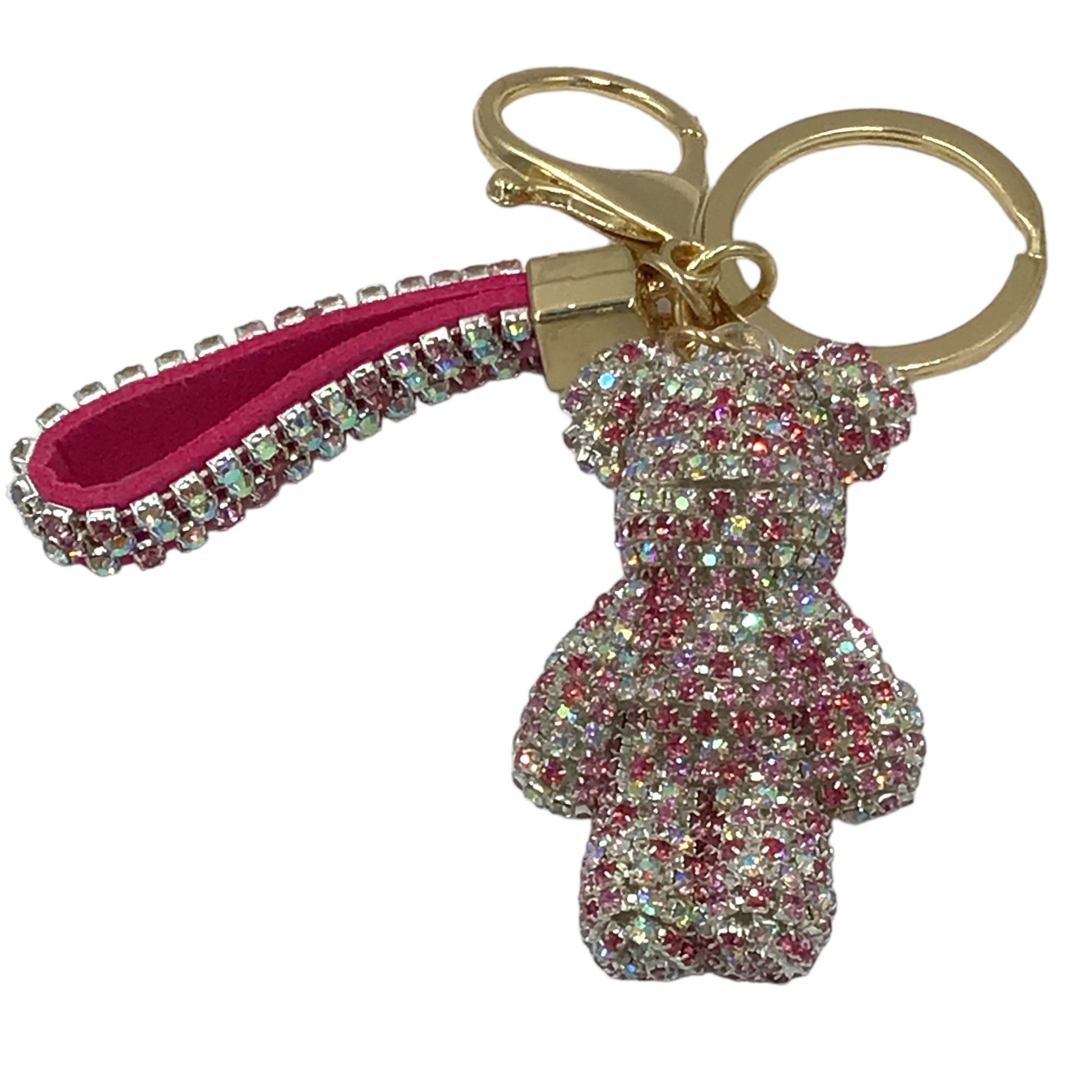 Steinfixx® Schlüsselanhänger Edler Strass Teddybär Cartoon Schlüsselanhänger mit Lederband (Teddybär Anhänger mit Schlüsselring und Karabinerhaken sowie Schlaufe), Schlüsselanhänger - Handyanhänger reich bestückt mit Rhinestones Pink-Weiss