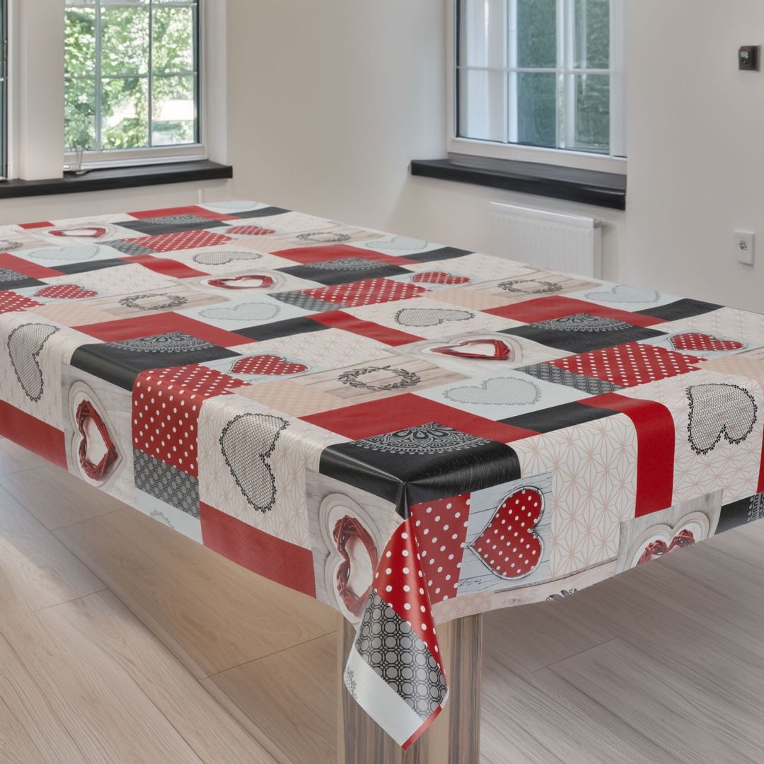 laro Tischdecke Wachstuchtischdecke Herzen Landhaus Rot-Grau PVC Eckig – Bild 4 von 5