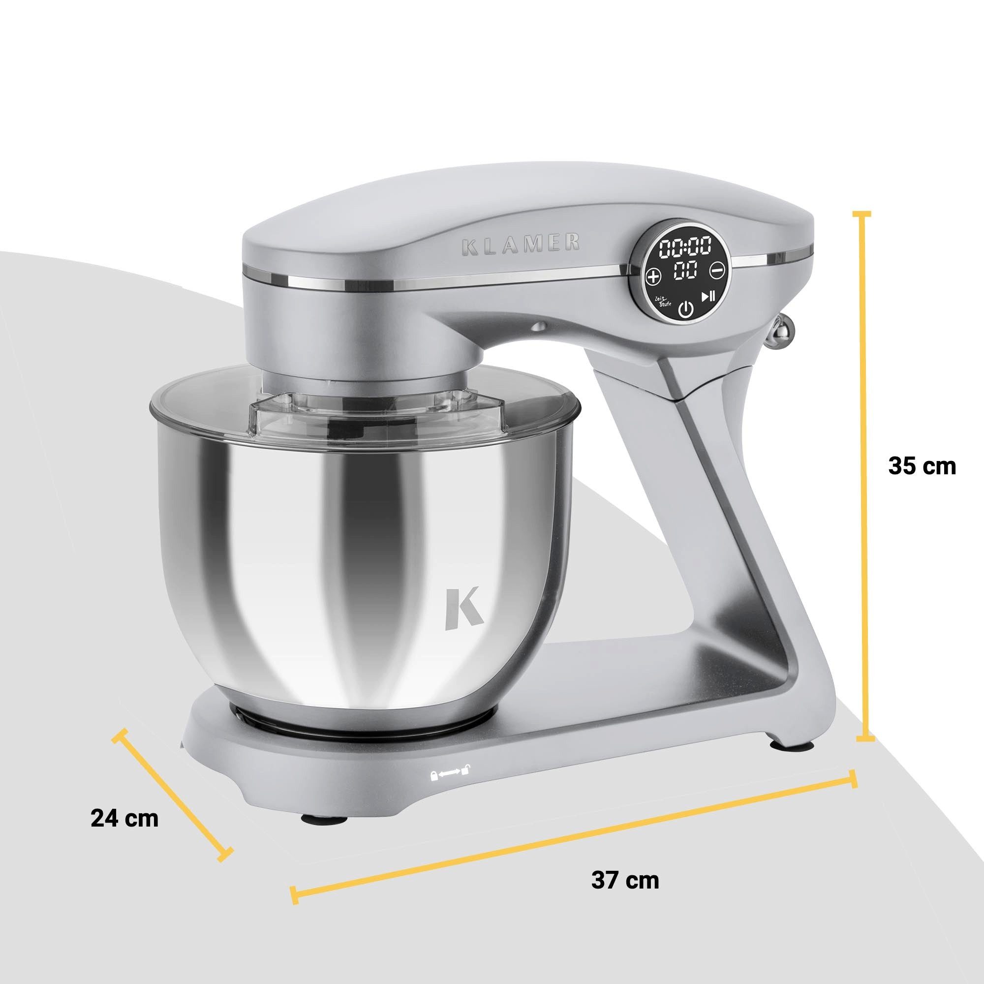 KLAMER Küchenmaschine 1800W, 6L Edelstahl-Schüssel, Knetmaschine mit 10 Geschwindigkeiten & Timer, silber, 1800 W, 6 l Schüssel, Spritzschutz, 3 Werkzeuge, Saugfüße, digitales Display, Timer