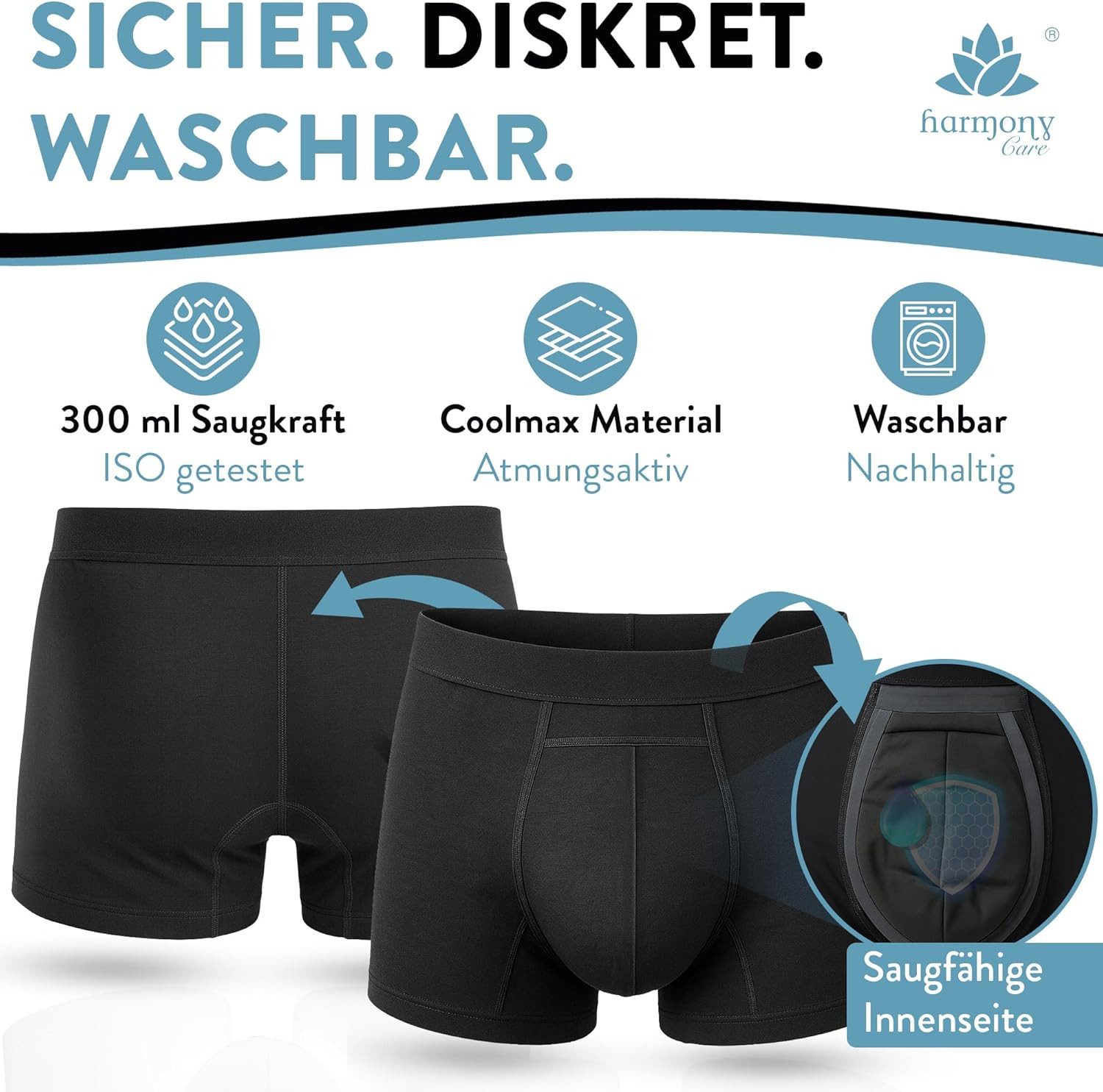 Harmony Care Inkontinenzboxer Premium waschbare Inkontinenz Pants Männer inkl. Waschnetz (1-er oder 3-er Set, 1-St., Inkontinenz Schutzhose, Inkontinenz Boxersh – Bild 2 von 5