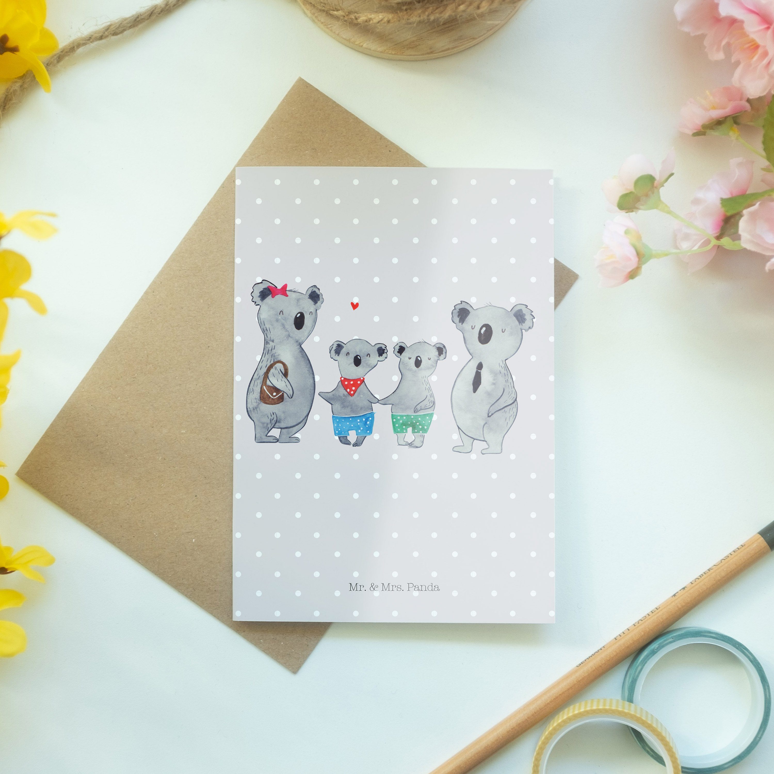 Geschenk, Hochzeitskarte, - zwei & Grußkarte Grau zusamme Pastell - Mrs. Panda Familie Koala Mr.