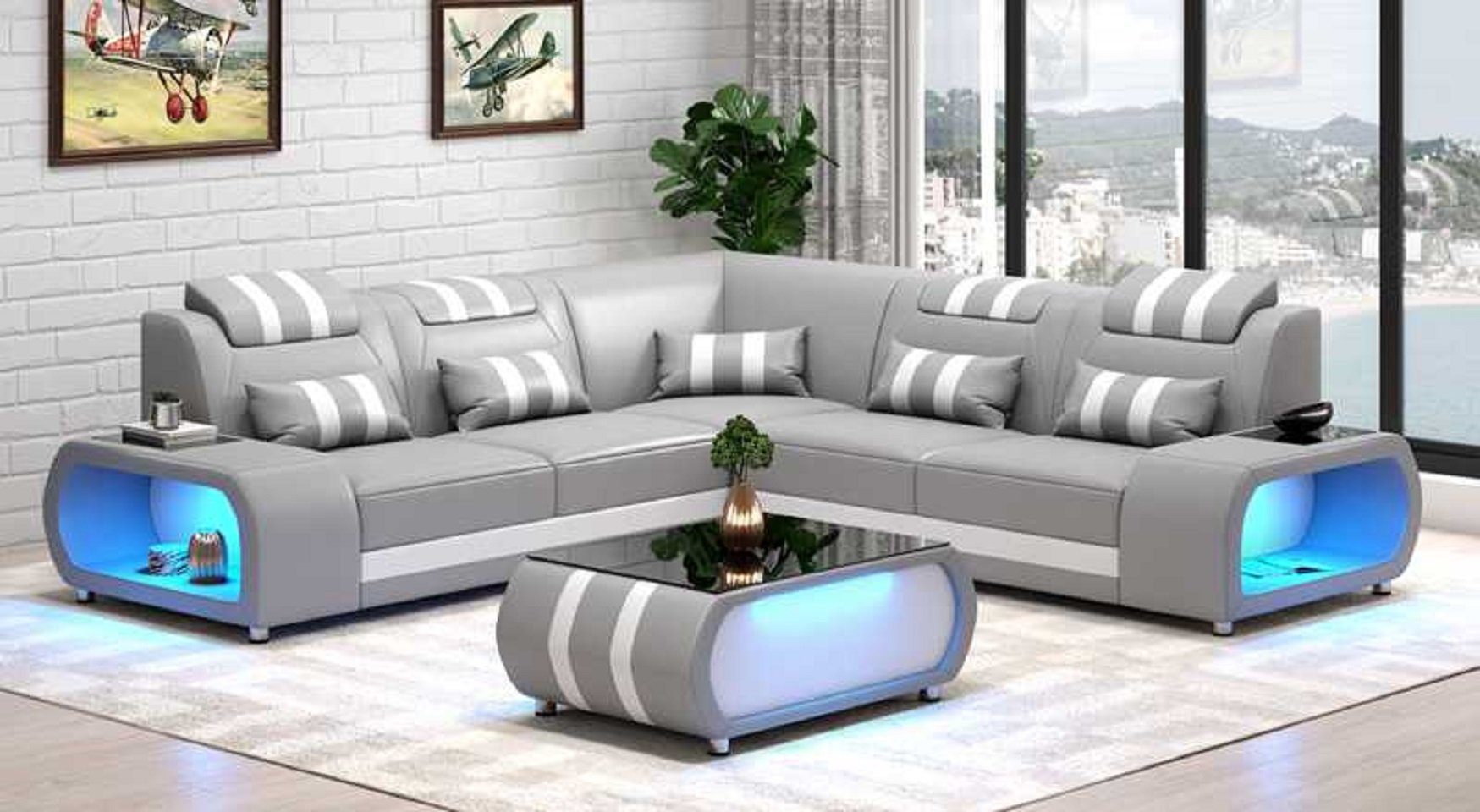 JVmoebel Ecksofa Luxus Ecksofa L Form Couch Sofa Moderne Eckgarnitur LED, 3 Teile, Made in Europe Grau