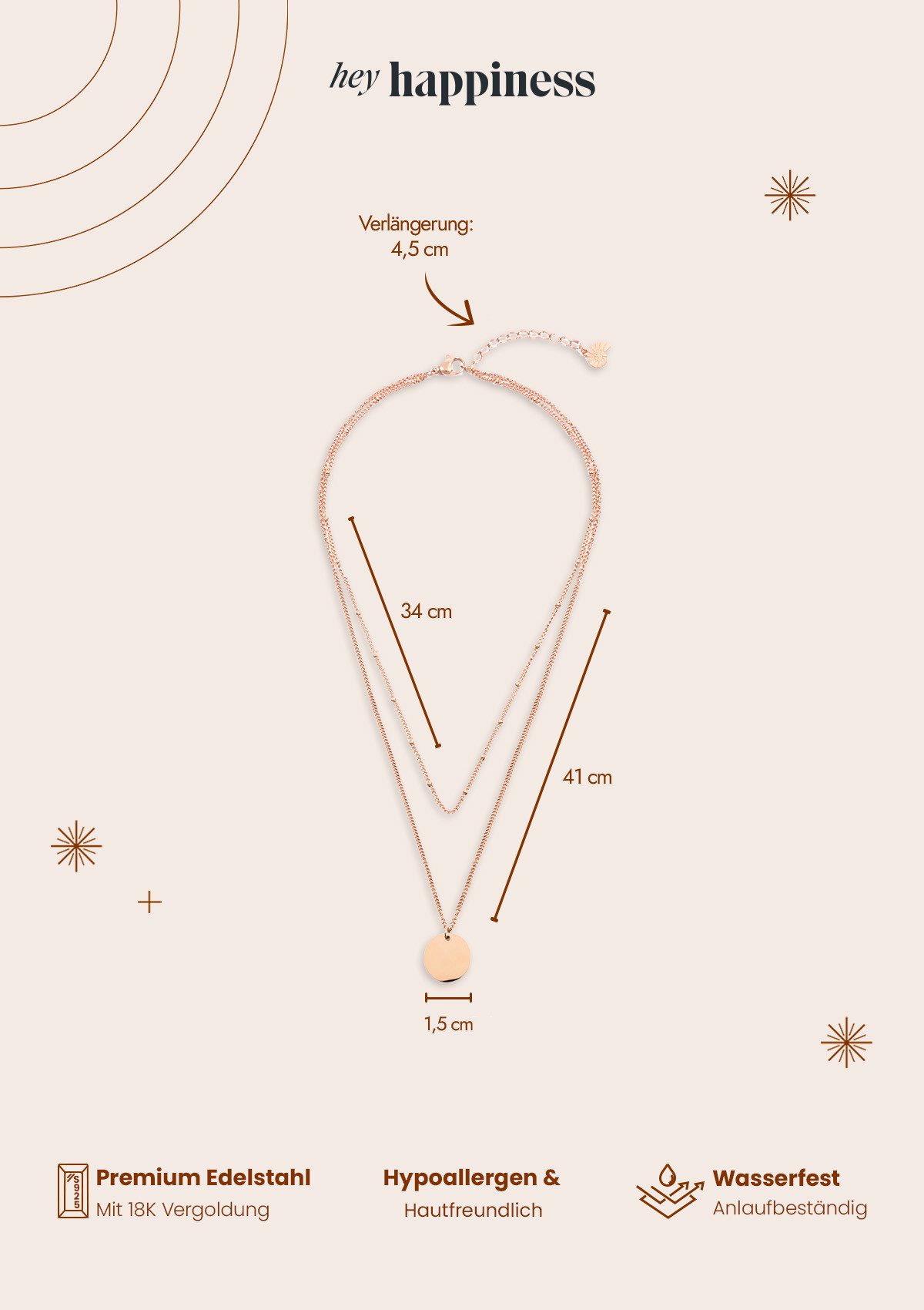 Hey Happiness Collier Layer Kette Kreis & Kugeln, Zweireihige Damen Edelstahl Halskette Platte Anhänger, wasserfest