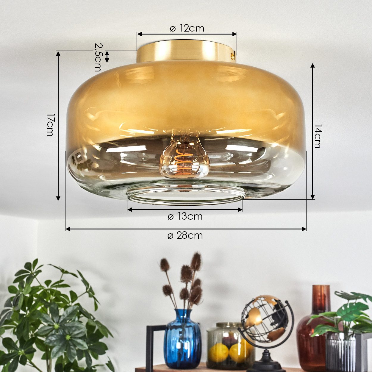 hofstein Deckenleuchte Deckenlampe aus Metall/Glas in Messingfarben/Goldfarben/Klar, ohne Leuchtmittel, mit Schirm aus Glas (28 cm), 1 x E27, ohne Leuchtmittel – Bild 4 von 5