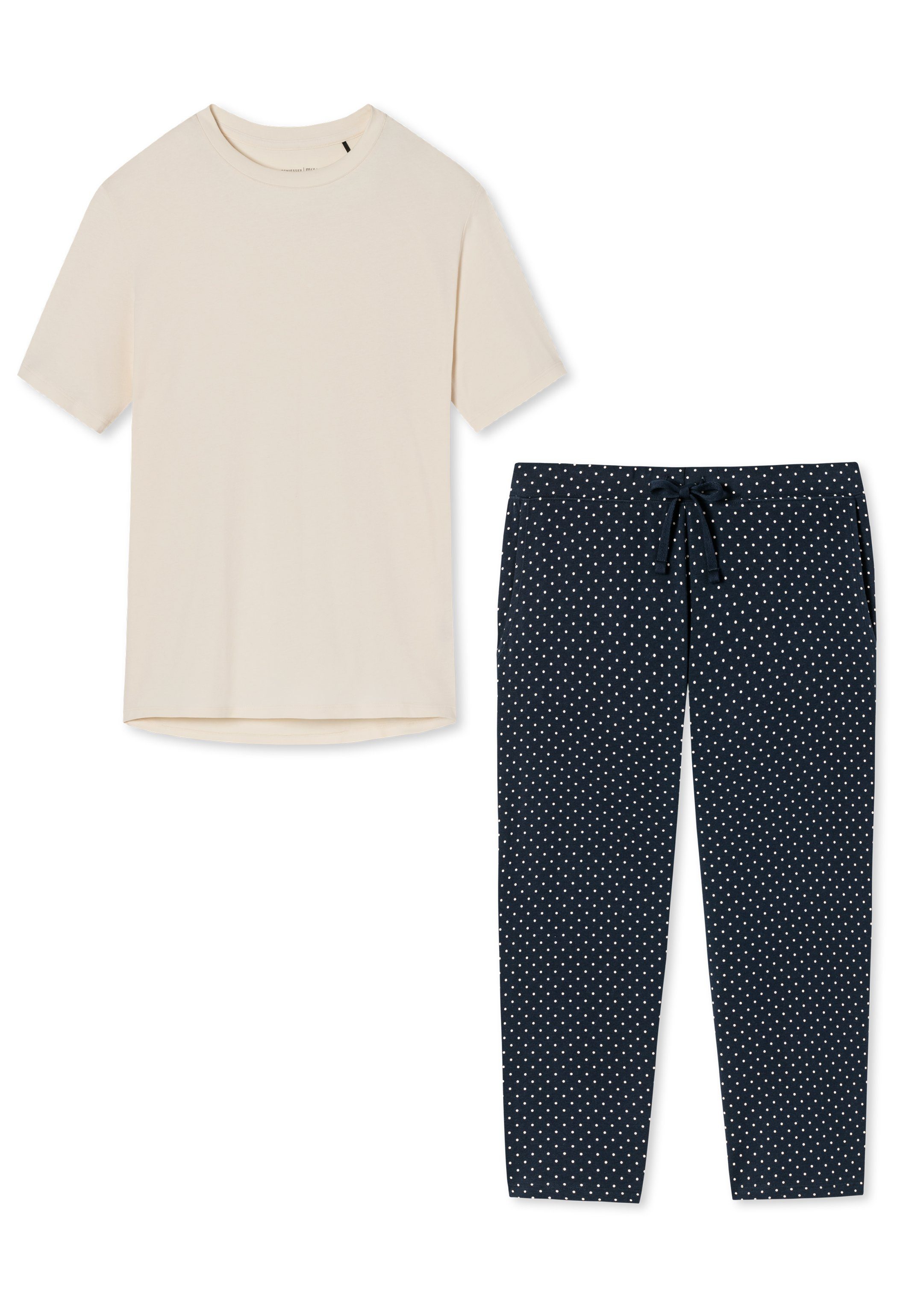 Cotton Creme gepunktet (Set, Organic Schlafanzug - Schiesser / Pyjama Blau tlg) - Baumwolle 2