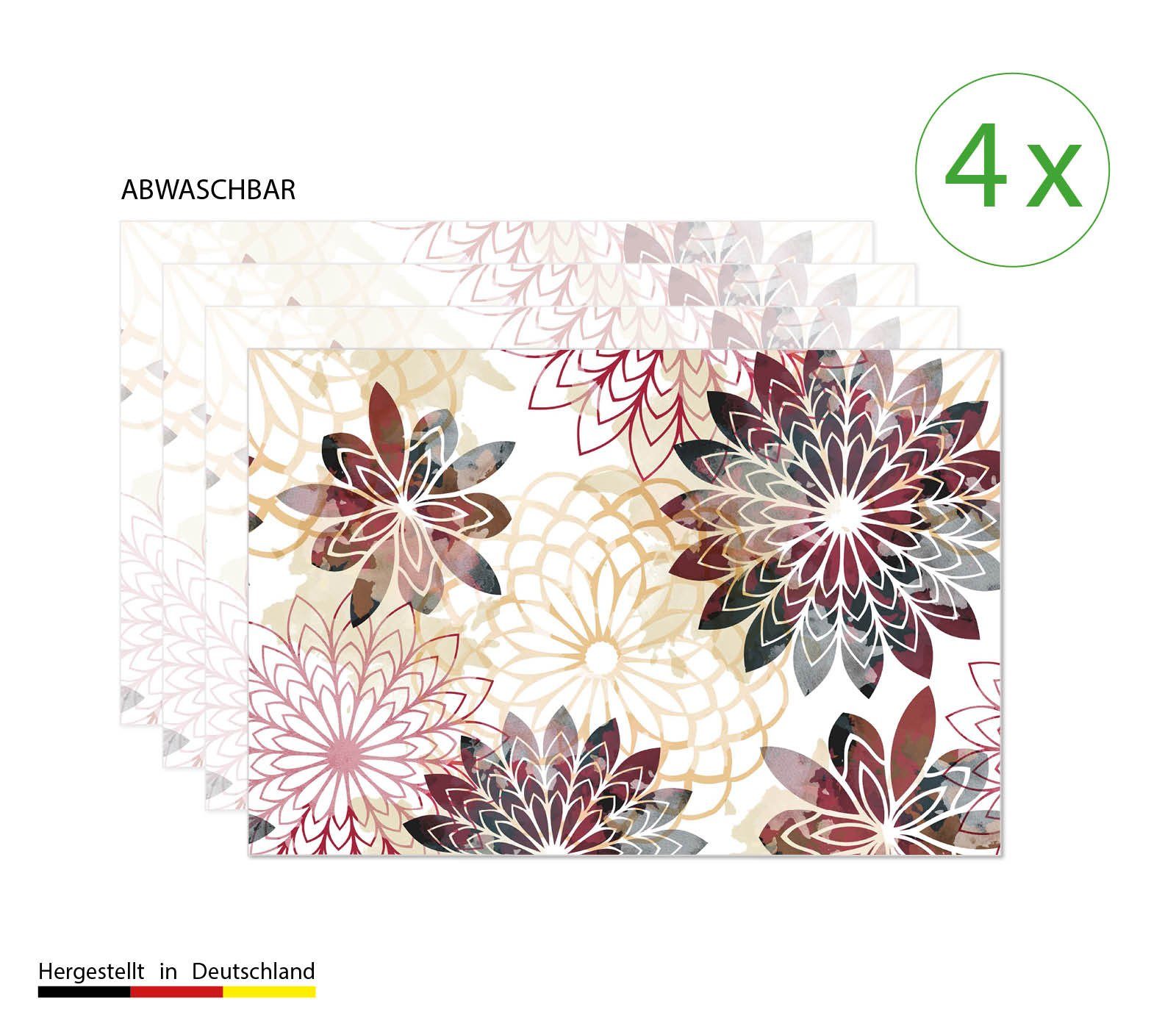 Platzset Tischset, Platzset abwaschbar - Verschiedene abstrakte Blüten - aus Premium Vinyl (Kunststoff - BPA-frei) - 4 Stück - 44 x 32 cm - rutschfeste Tischdekoration!