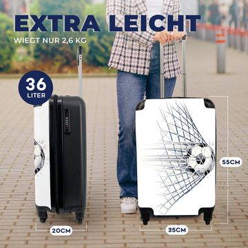 MuchoWow Handgepäckkoffer Eine Illustration eines Fußballs, der ins Tor geht - Jungen - Mädchen, 4 Rollen, Reisetasche mit rollen, Handgepäck für Ferien, Trolley, Reisekoffer