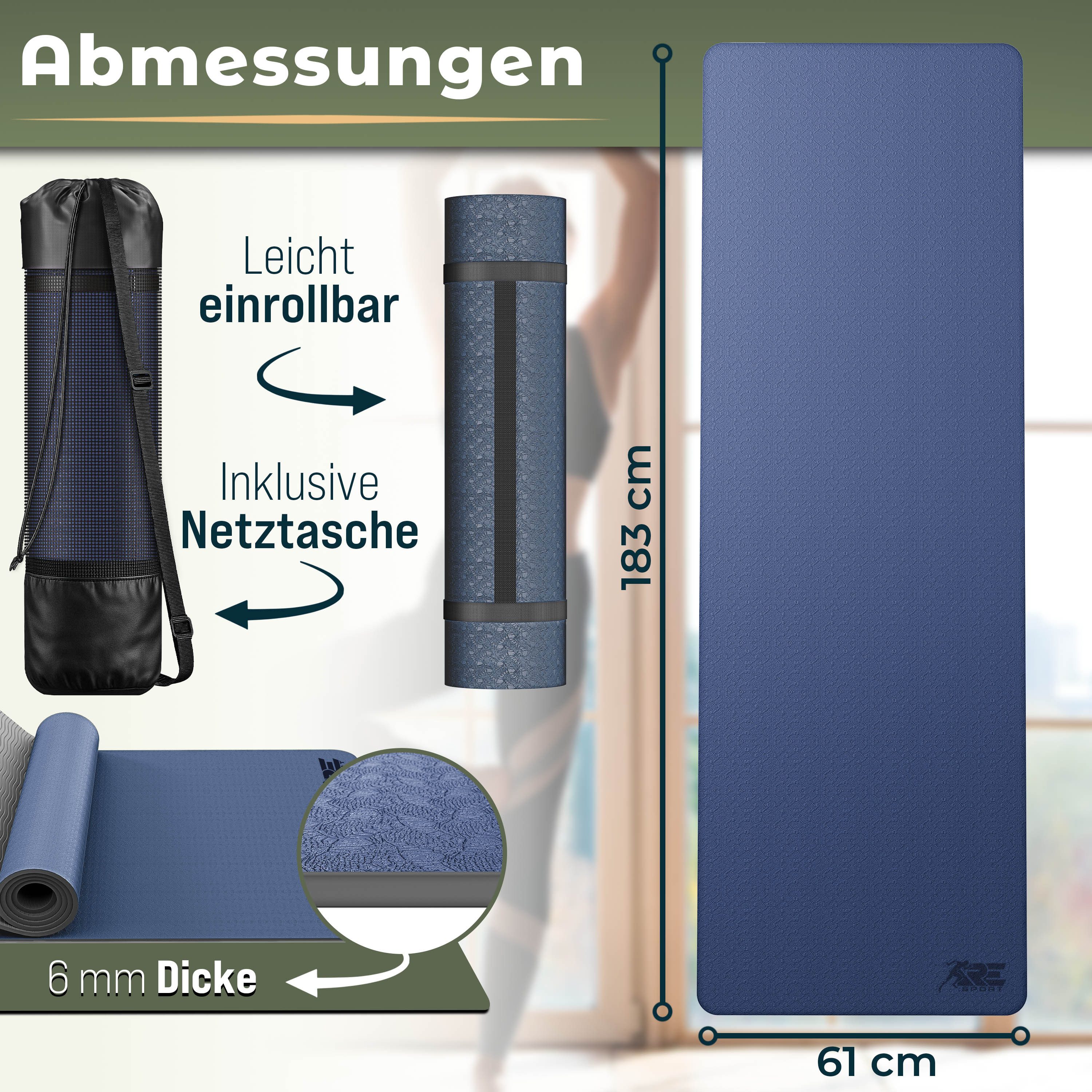 RE:SPORT Gymnastikmatte 183 x 61 x 0,6 cm mit Tragetasche Yogamatte TPE Fitnessmatte (rutschfest), Trainingsmatte mit Tragegurt Fitness Gymnastik Pilates Workout