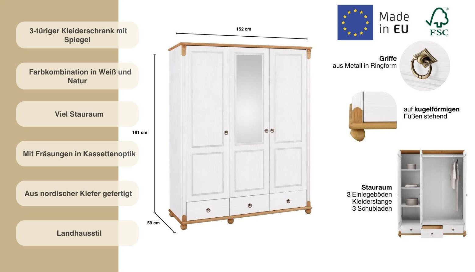 OTTO home Kleiderschrank Tessin, Dretürenschrank, 3-türig (B/H/T ca. 152/191/59 cm) Breite 152 cm, Kiefer massiv, mit Spiegel und 3 Schubladen – Bild 3 von 5
