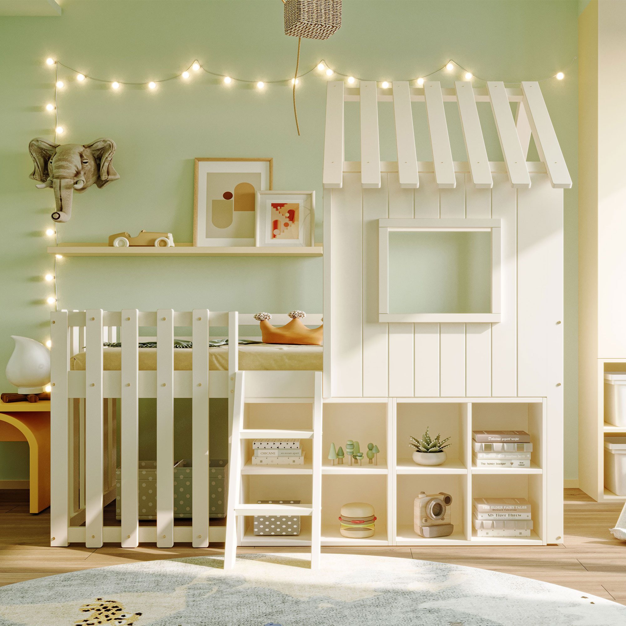 Flieks Hochbett Kinderbett Hausbett 90x200cm mit Dach, Fenster und offenem günstig online kaufen