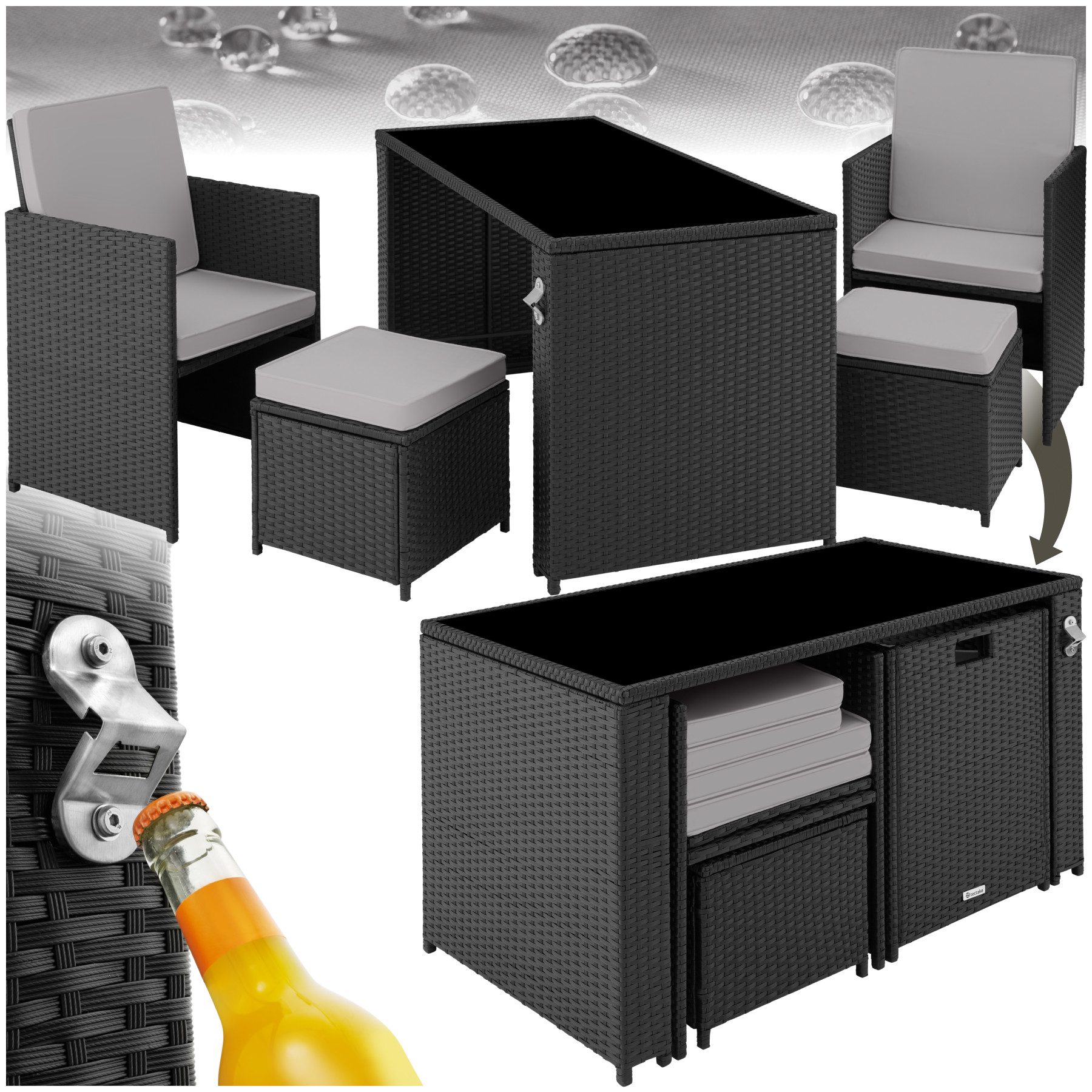 tectake Sitzgruppe Rattan-Gartenlounge für 2 bis 4 Personen, inklusive Flaschenöffner, (Loungeset Palermo, 5-tlg., für Außen in Schwarz/Grau), widerstandsfähig, UV-beständig, mit Sicherheitsglasplatte
