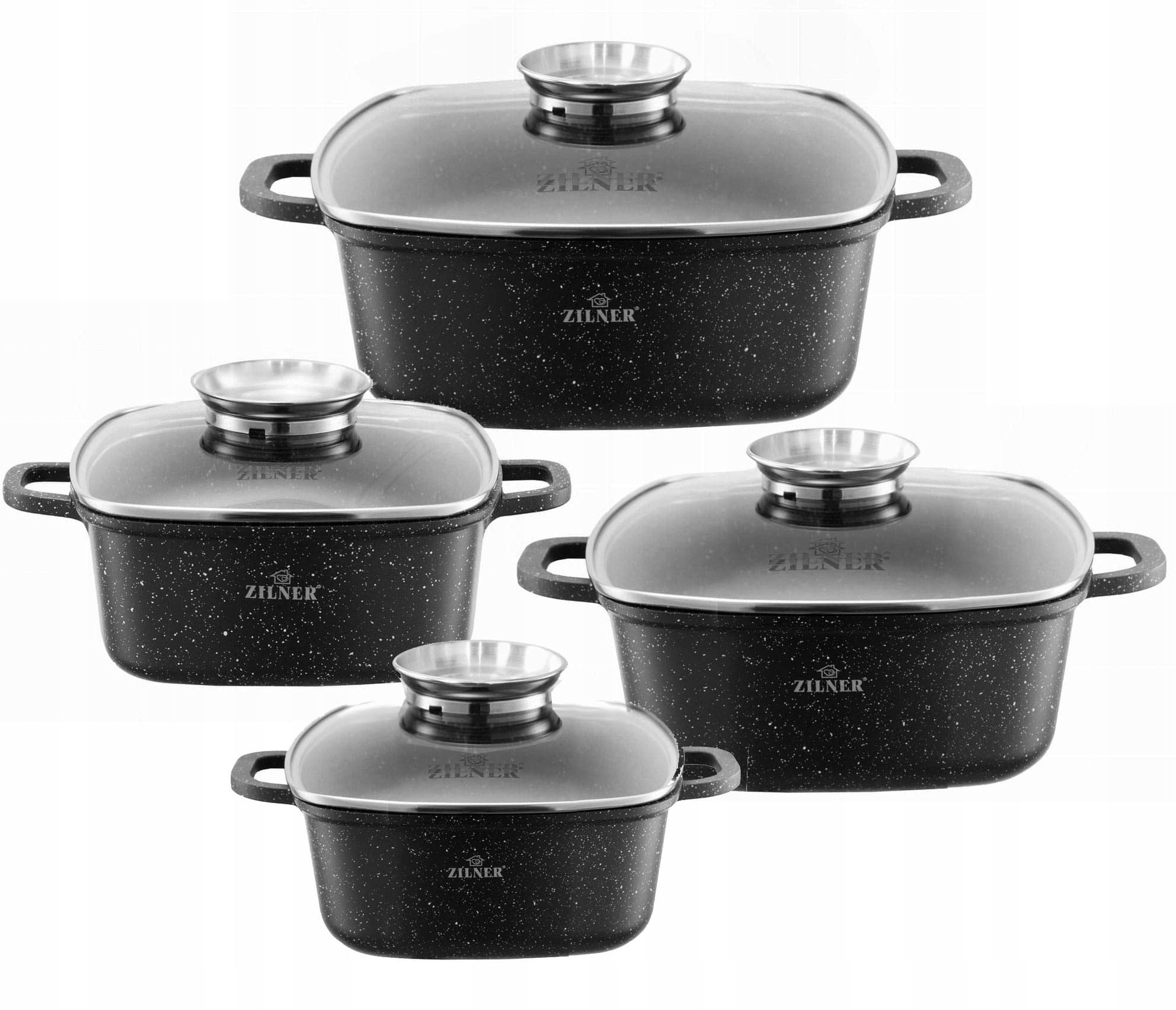 Zilner Topf-Set Schöne quadratische Töpfe in 4 verschiedenen Größen, Bräter, Aluminiumguss, Edelstahl, Keramik (2.5L / 3.5L / 4.5L / 6.5L, 8-tlg., Zeitloses Design des Topfsets. Eine ideale Geschenkidee! Hochwertig)